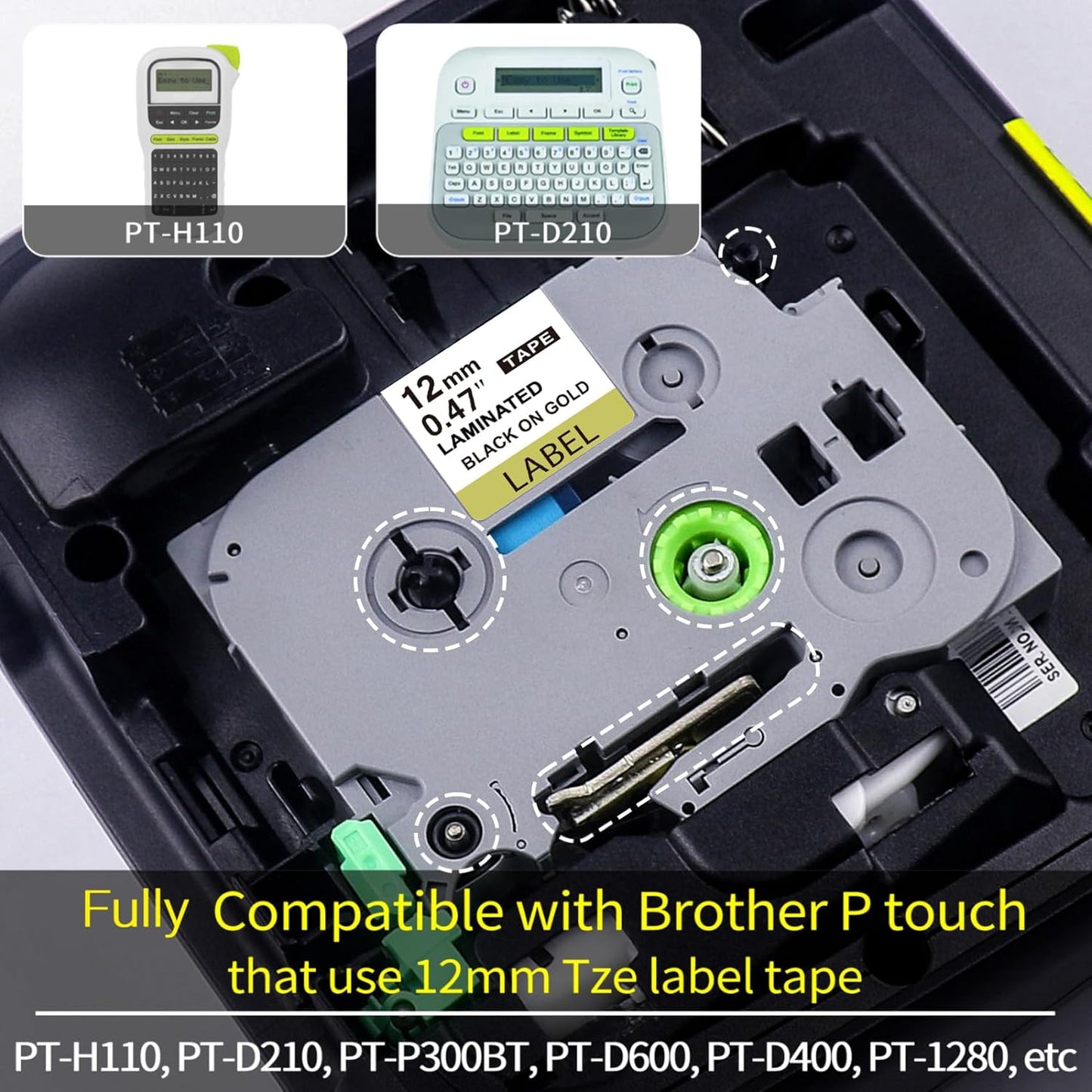 3-Pk 12mm TZ Labels Tape Compatible with Brother Ptouch TZe-231 335 831 Label Maker Tape 12mm 0.47" Laminated White/Black/Gold, Work for Brother Ptouch Label Maker PTD200 PTD400 PT1280 PT1880