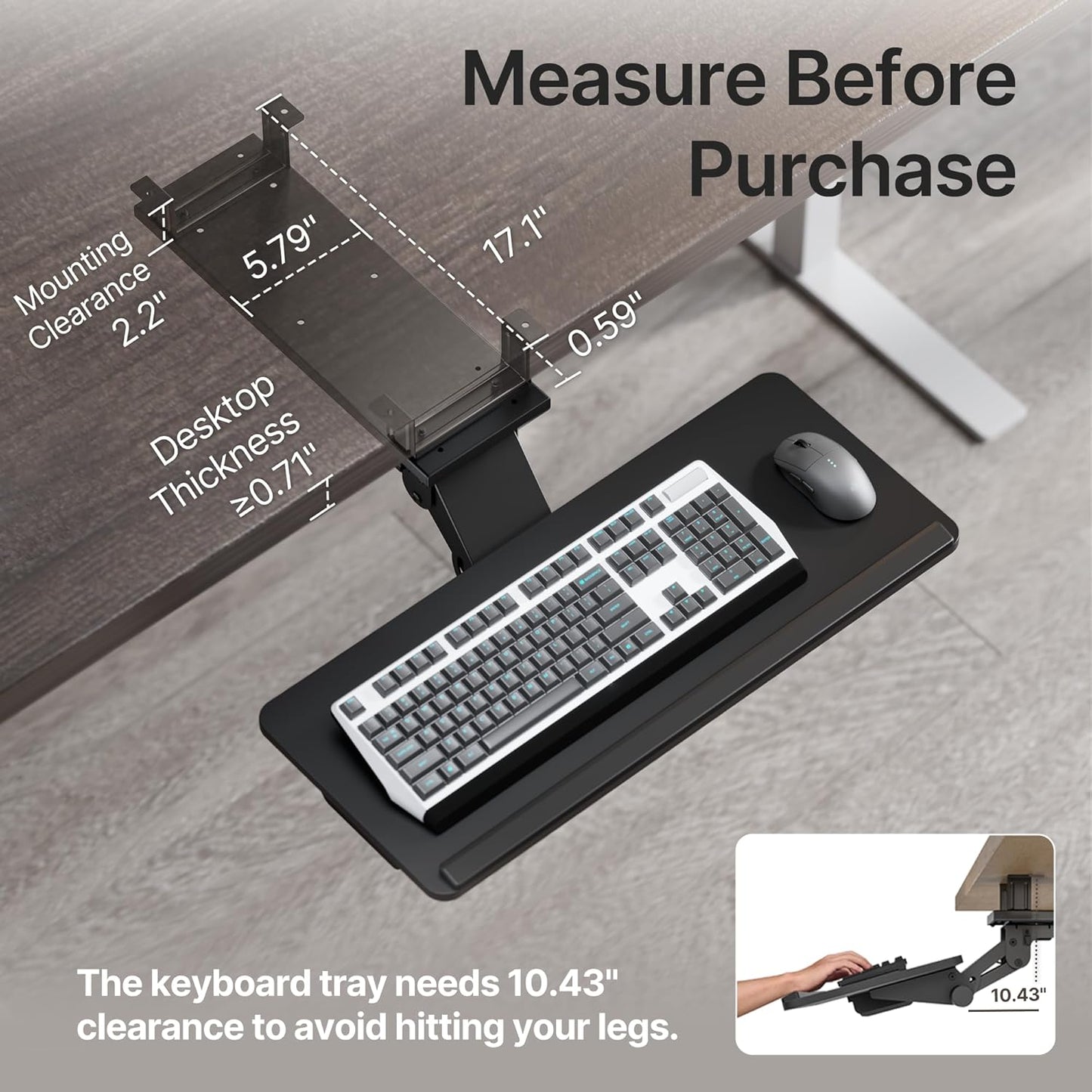 Keyboard Tray Under Desk with Storage Drawer, Height Adjustable Keyboard Tray Slide Out Swivel Tilt, Ergonomic Under Desk Mount Keyboard & Mouse Holder for Gaming Home Office, 25x11'', Black