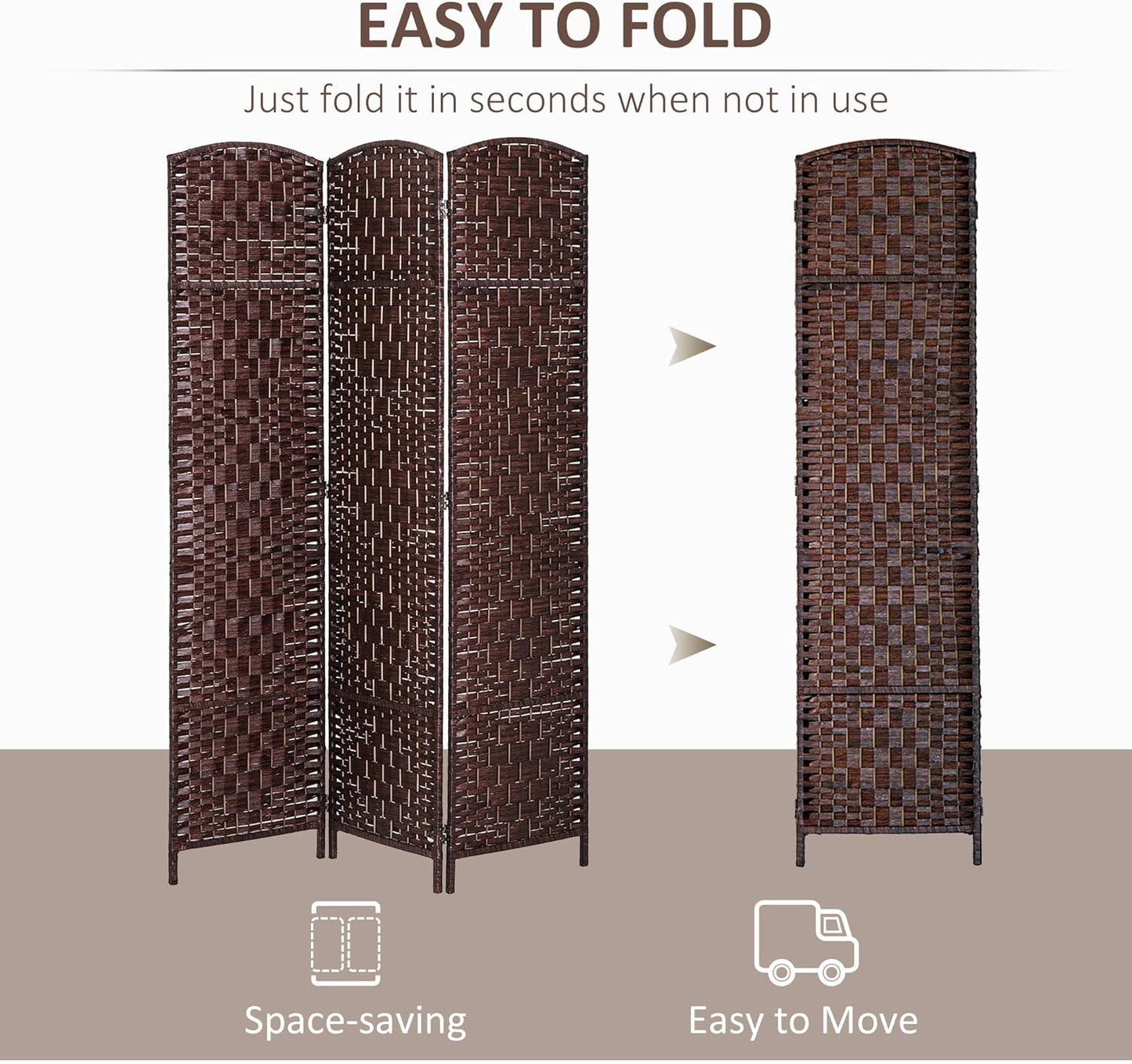 HOMCOM Room Divider, 3 Panel Folding Privacy Screen, 6FT Tall Portable Wicker Weave Partition Wall Divider for Bedroom, Home Office, Brown