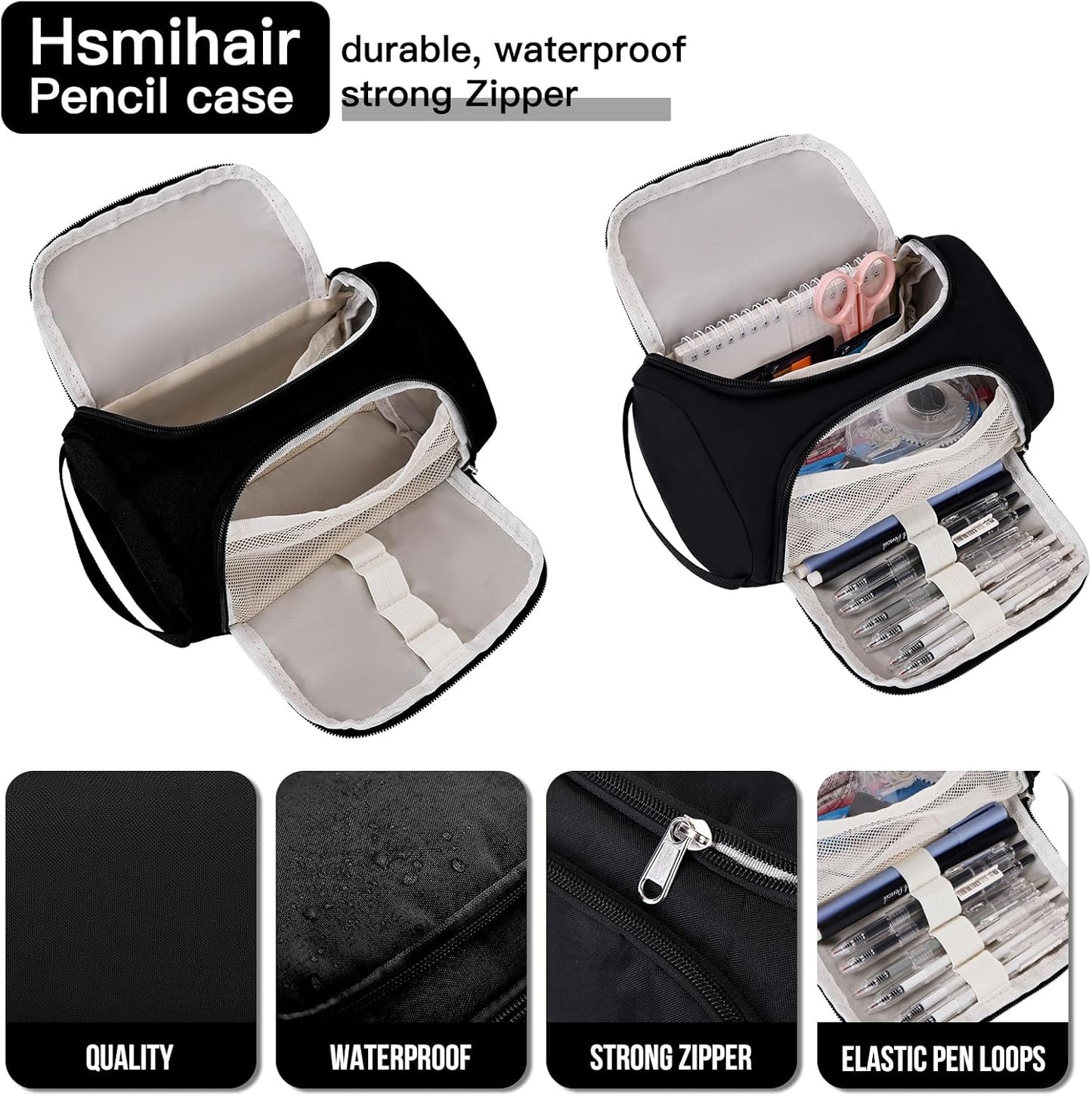 Large Pencil Pouch,Pencil Case Aesthetic,Zipper Pencil Box For Girls Back To School Supplies Emergency Bag Makeup Bag (Black)