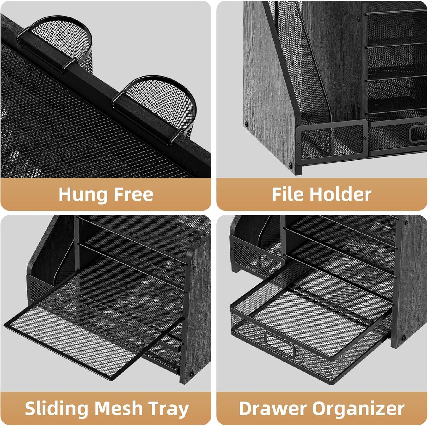 Marbrasse Desk Organizer with File Holder, 5-Tier Paper Letter Tray Organizer with Drawer and 2 Pen Holder, Mesh Desktop Organizer and Storage with Magazine Holder for Office Supplies (Wood-Black)