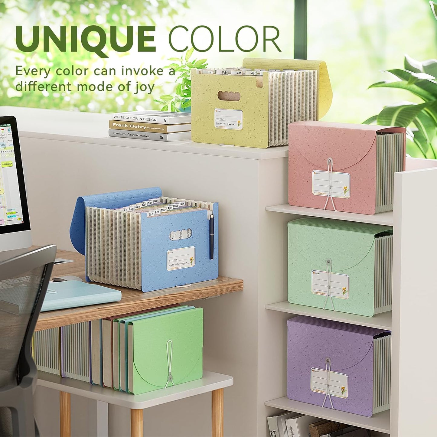 Accordion File Organizer, 12 Pockets Wheat Straw Expanding File Folder, Portable Monthly Paper Bill Tax Receipt Organizer, Letter A4 Size Document Holder，Green Office with Colorful Tab，UN Blue