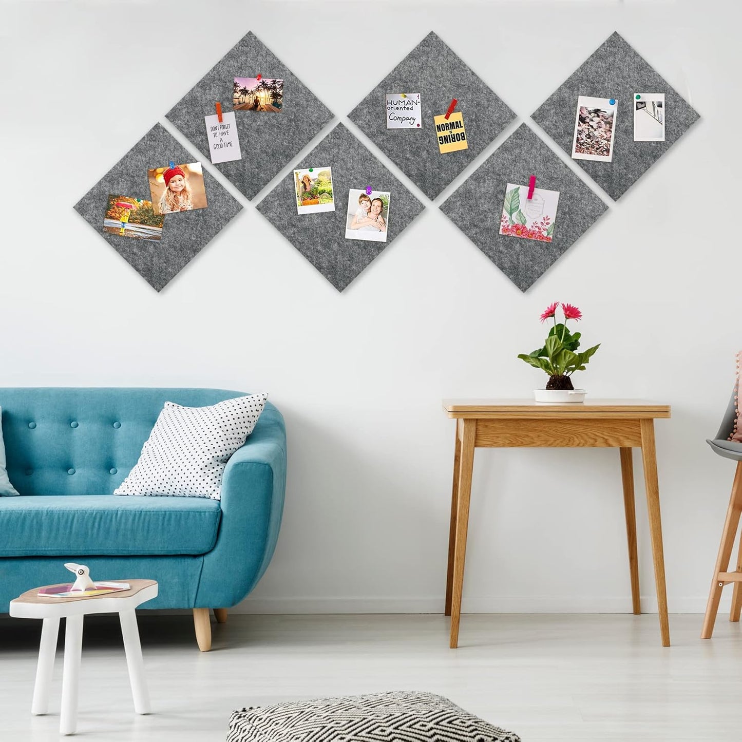 AKTOP Cork Bulletin Board 12x12, 1/2" Thick Felt Cork Board Tiles 12 Pack, Small Square Pin Board for Wall, Self Adhesive Corkboards with 120 Push Pin Wood Clips for School, Home & Office, Grey