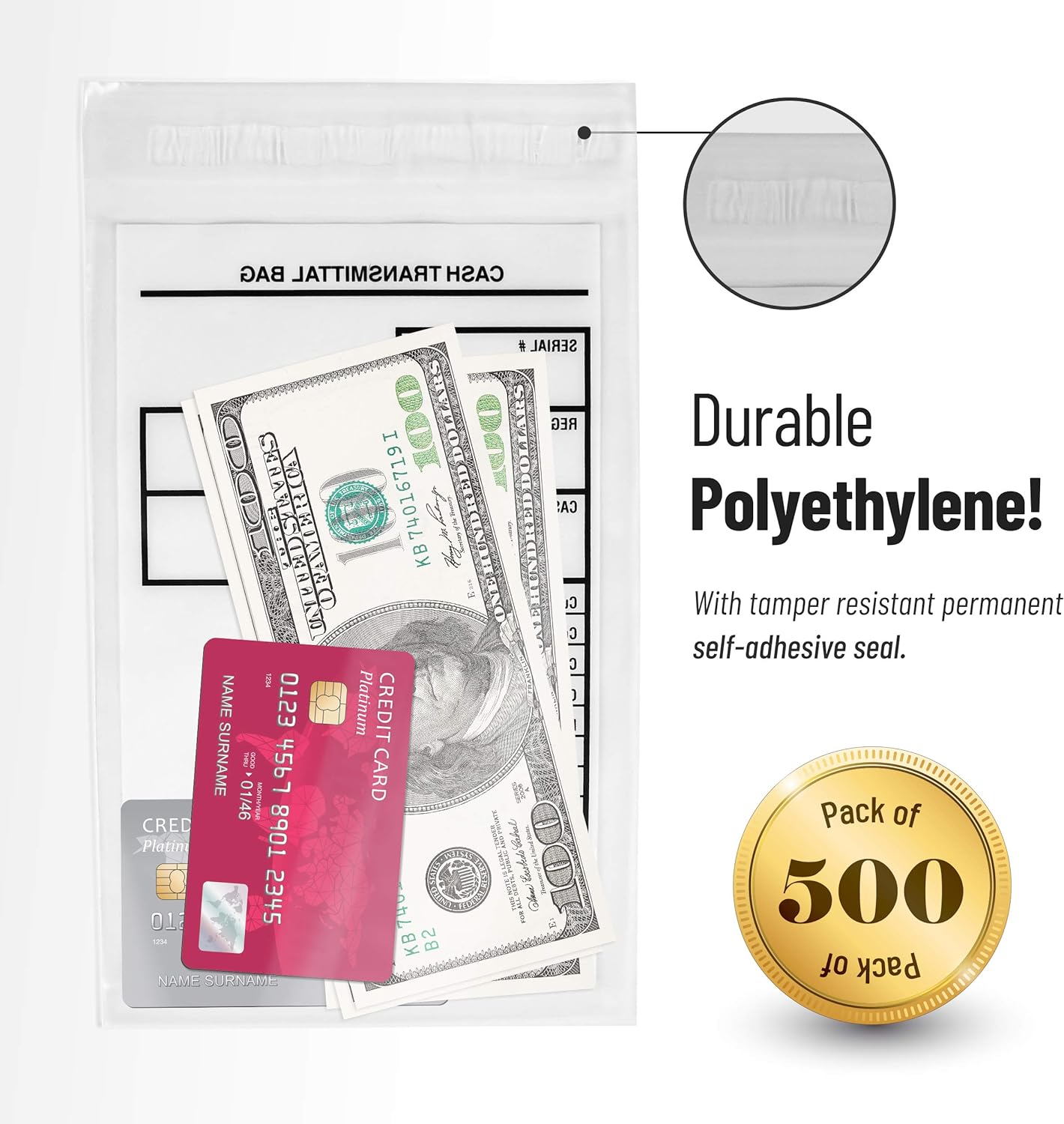 Tamper Proof Bank Deposit Bags - Self-Adhesive Seal, Write-On Surface, 6"x9" Clear Plastic Cash Envelopes | Pack of 500