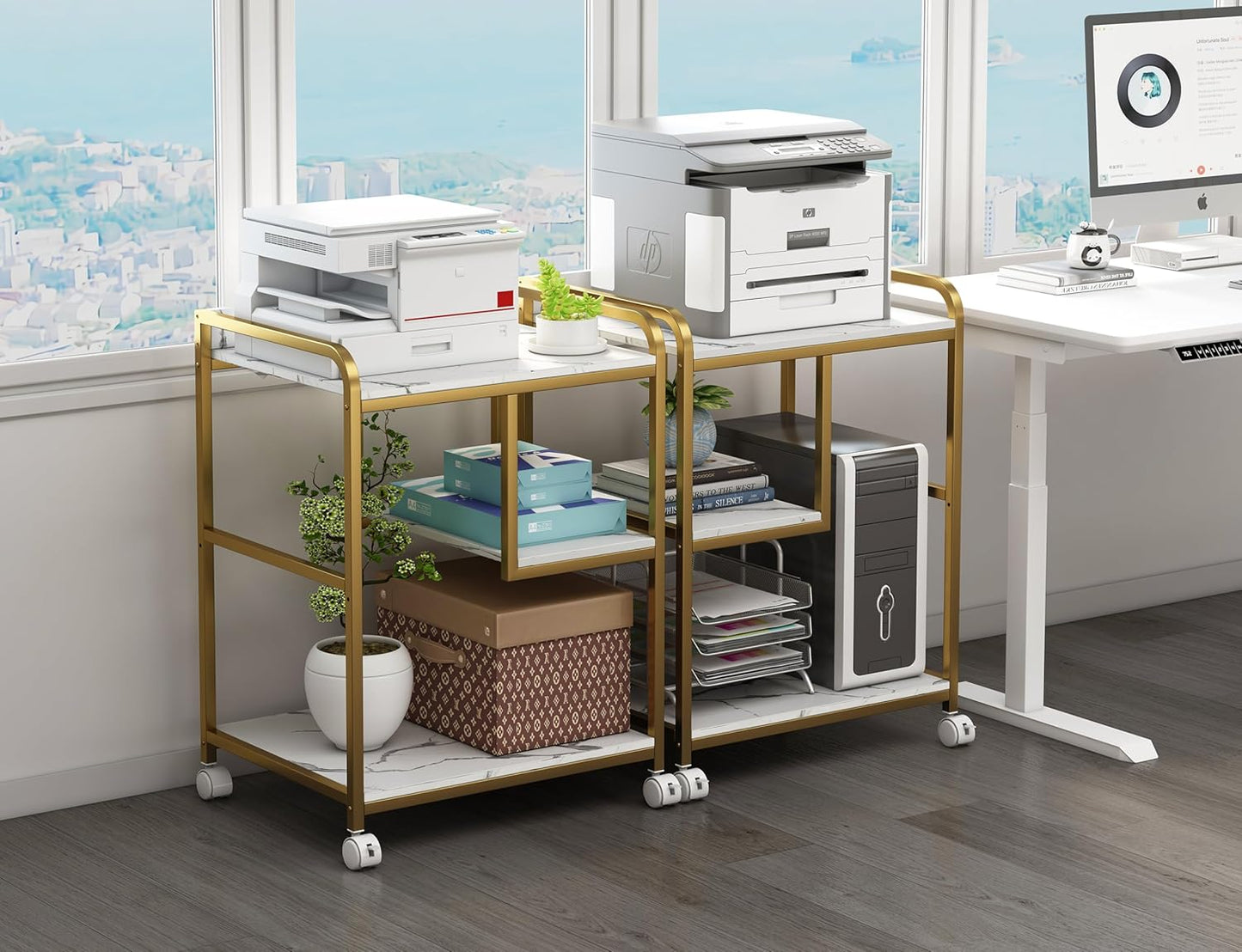 Large Printer Table Stand with Shelf for Computer Tower, CPU and Shredder, 22 x 18 Inch Rolling Printer Cart with Wheels for Home Office Storage and Organization - White Gold