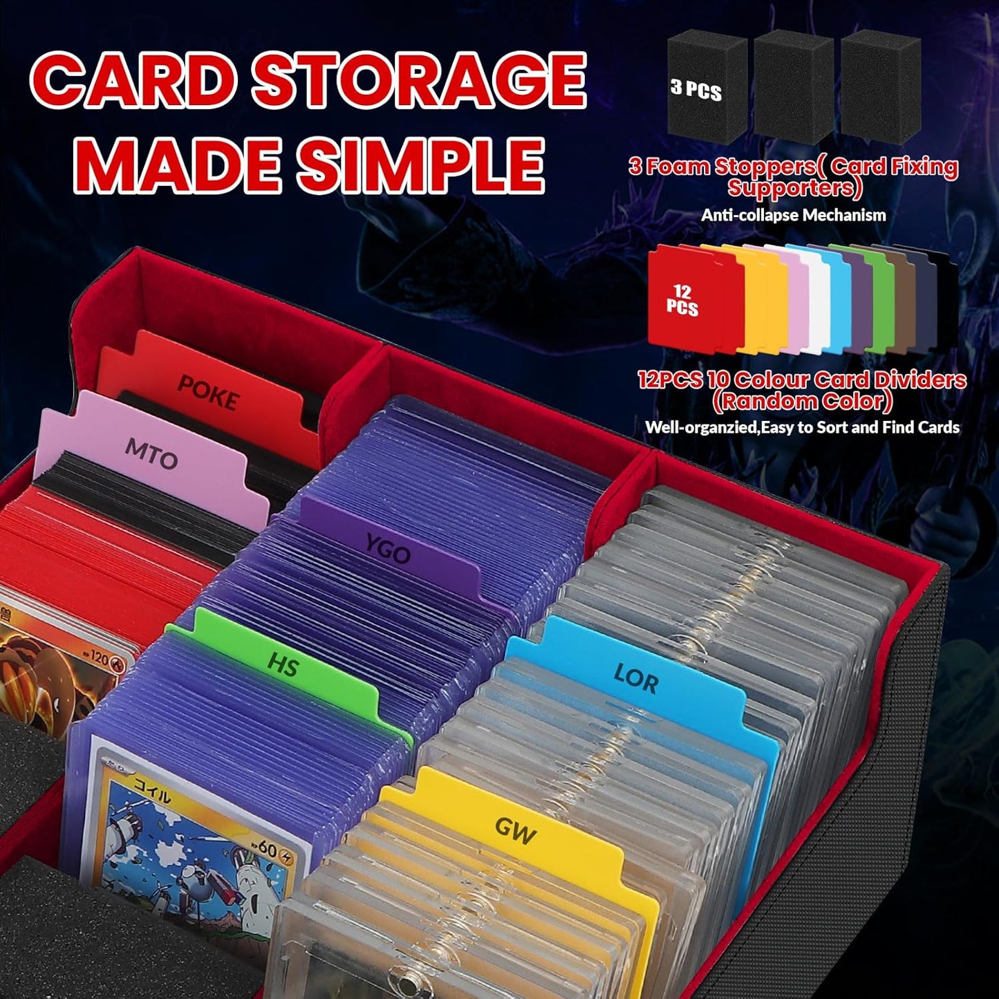 Card Storage Box for Trading Cards, 2600+ Commander Deck Box, Storage Box Fits Toploader and One-Touch, Card Organizer for TCG, MTG, Sports Cards, with Card Dividers & Stoppers
