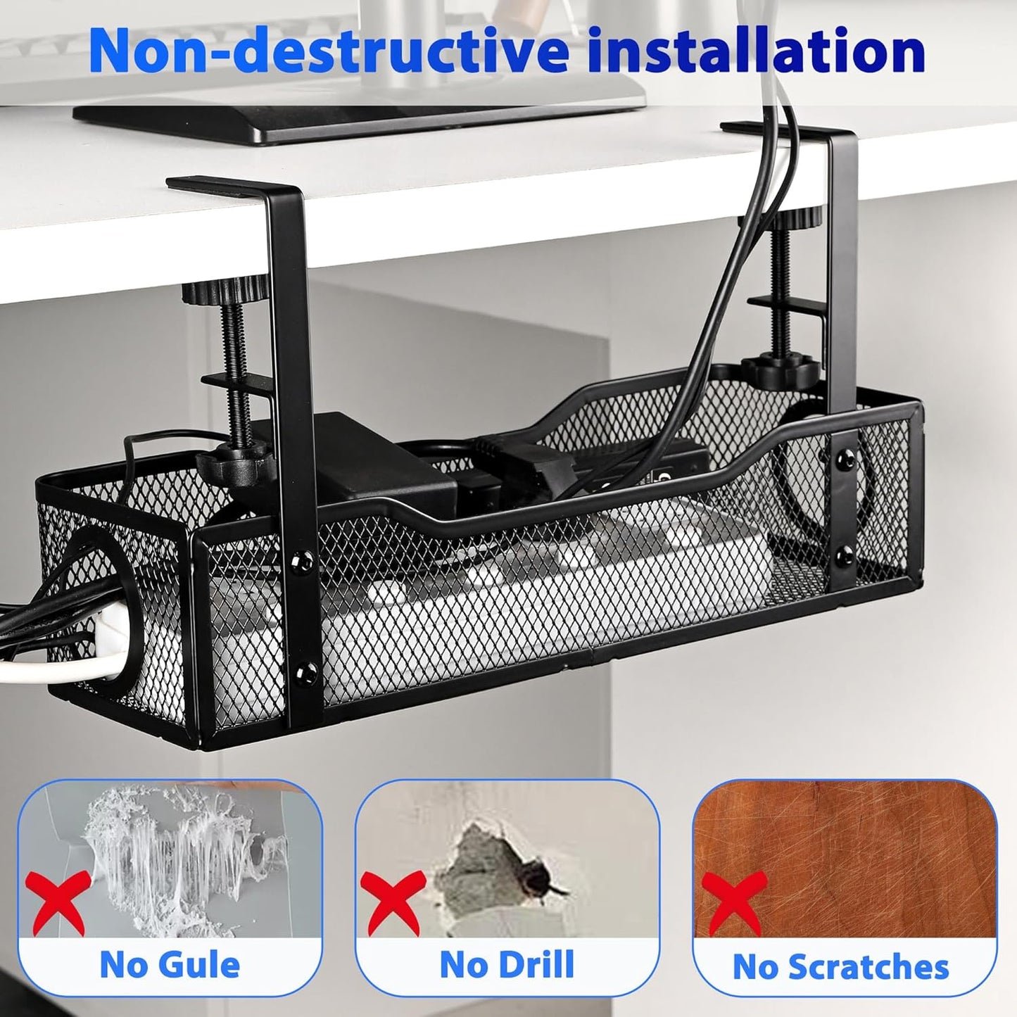 No Drill Under Desk Cable Management Tray – Clamp-On Metal Cable Organizer for Power Cords – Easy Install Wire Holder for Home Office Desk (Black)