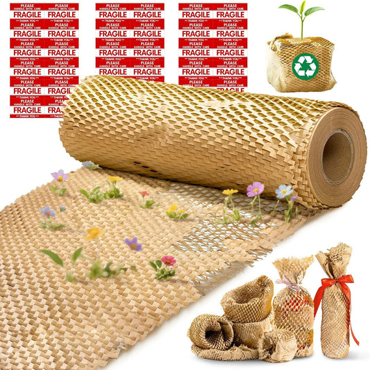 Honeycomb Packing Paper, 12"x200' Brown | Perforated Honeycomb Packing Paper Recyclable Moving Supplies for Shipping & Moving | Plastic-Free Alternative to Bubble Cushion Wrap with 36 Fragile Stickers