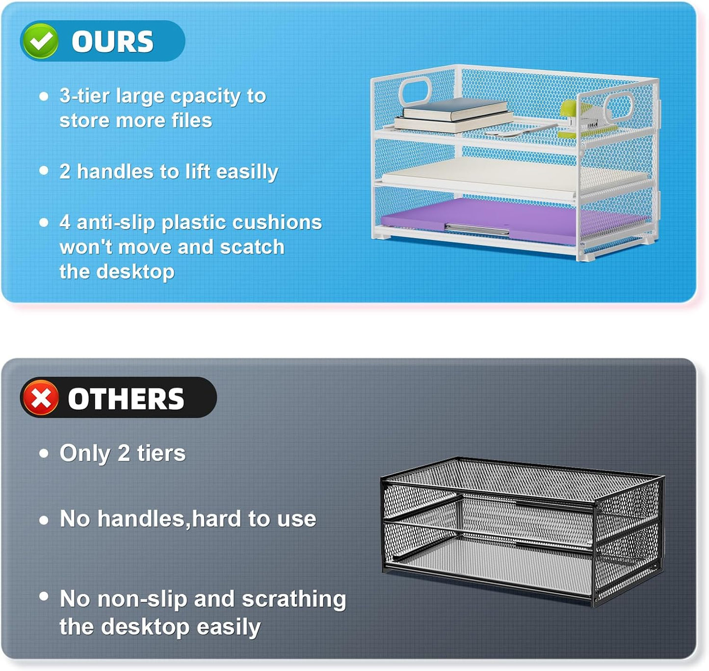 Marbrasse 3 Tier Paper Organizer Letter Tray, Mesh File Organizer with Handle, Paper Sorter Desk Organizer for Home Office Supplies(White)