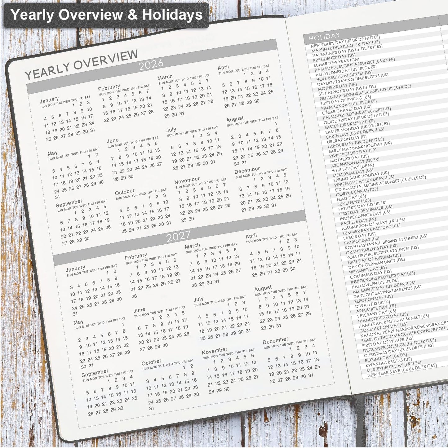 2026 Planner - 2026 Planner Weekly and Monthly, January 2026 - December 2026, 8.5" x 11", Pen Holder, Calendar Stickers, Pocket, 25 Notes Pages, Faux Leather Cover, A4 Premium Paper - Gray