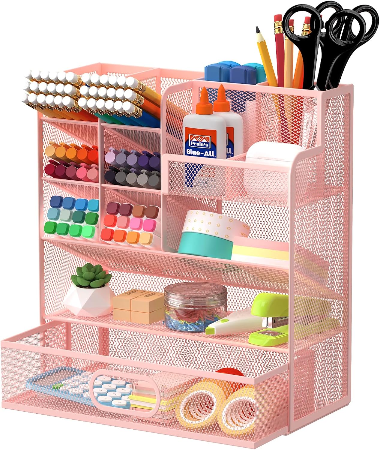 Mesh Pen Organizer for Desk, Multi-Functional Pencil Holder with Drawer Desk Organizers, Large Capacity Storage for School Office Home Supplies (Pink)