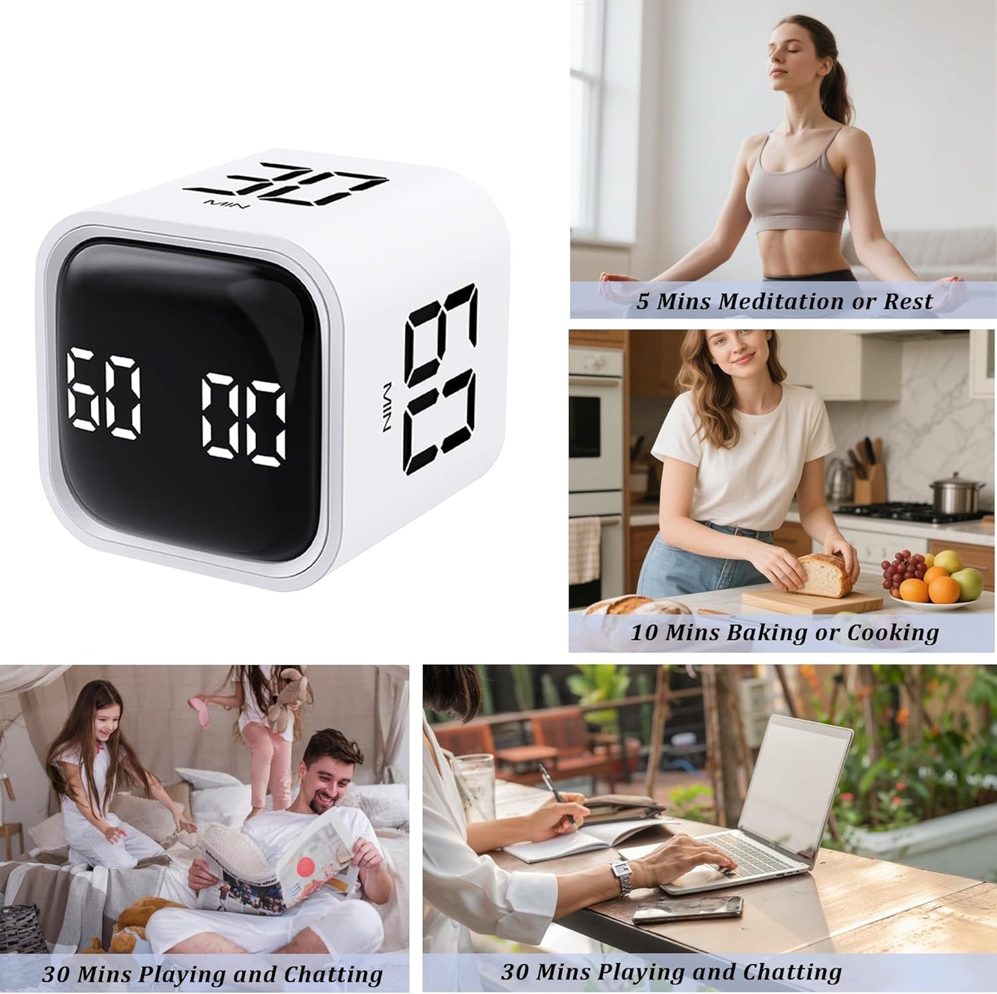 Rotating Pomodoro Timer 5,10,30, 60 Minutes Preset,Desk Productivity Flip Timer, Visual Cube Countdown Stopwatch,Custom Modes/Vibration/High/Low Volume,ADHD Timers, for Study, Work, School, Kitchen