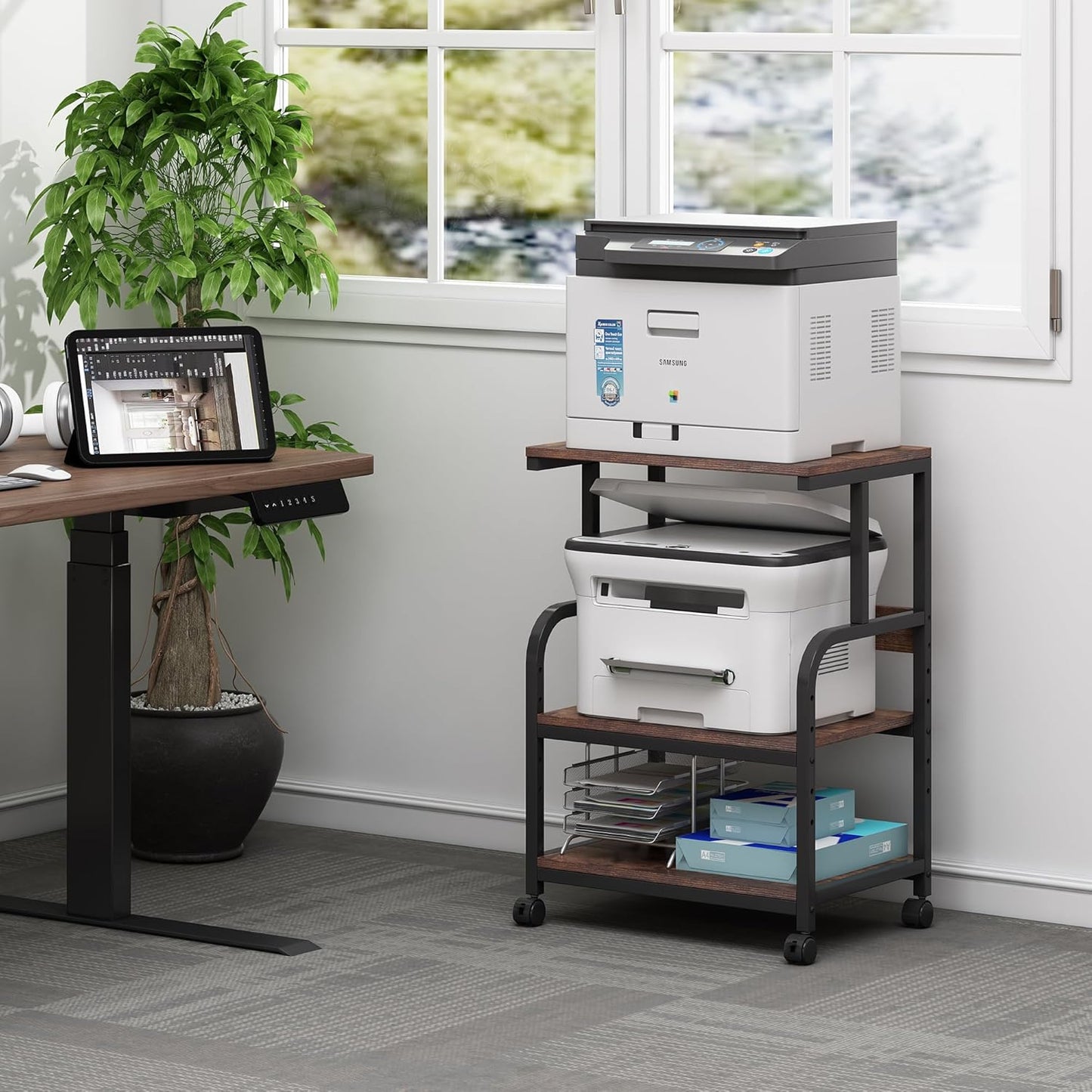 Printer Table Stand with Height Adjustable Shelf, 3 Tier Rolling Printer Cart with Wheels for Home Office Storage and Organization, Industrial Style