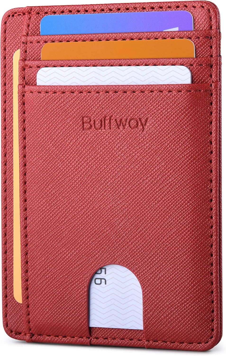Buffway Slim Minimalist Front Pocket RFID Blocking Leather Wallets for Men and Women - Cross Red