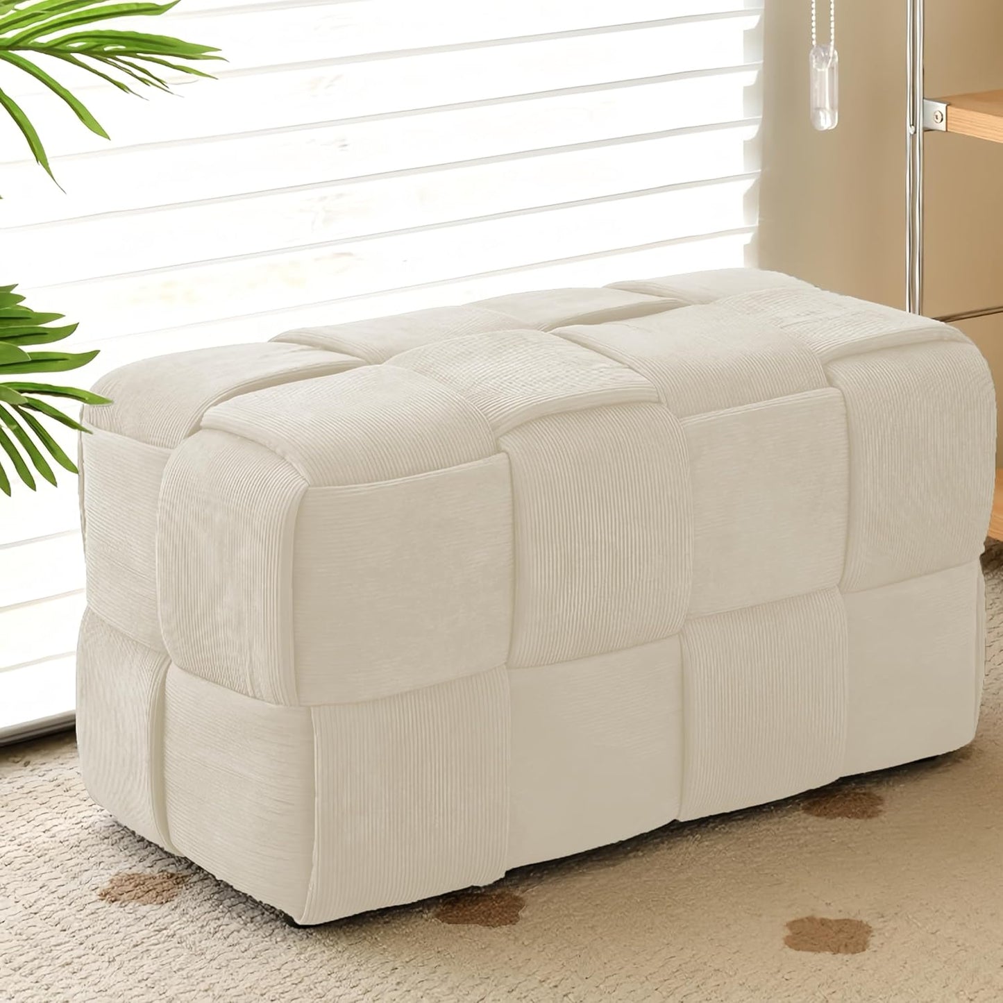 Ottoman Foot Rest Soft and Comfortable Ottoman Square Corduroy Woven Design Sofa Stool (White-L)