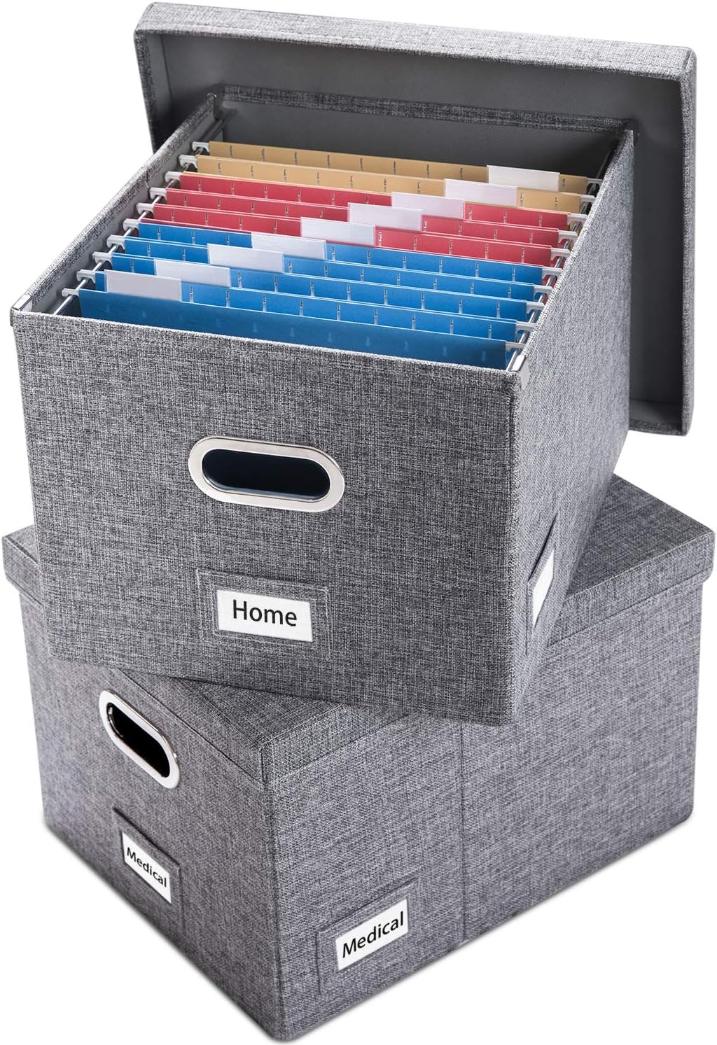 PRANDOM File Organizer Box - Set of 2 Collapsible Decorative Linen Filing Storage Hanging File Folders with Lids Office Cabinet Letter/Legal Size Grey (17x14x11.2 inch)