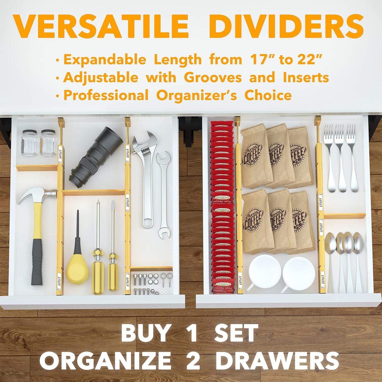 SpaceAid Bamboo Drawer Dividers with Inserts and Labels, Kitchen Adjustable Drawer Organizers, Expandable Organization for Home, Office, Dressers, 4 Dividers with 9 Inserts (17"-22" Natural)