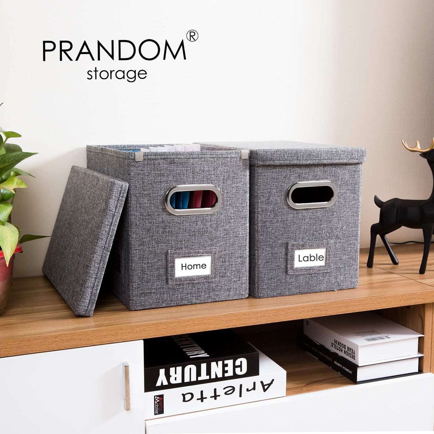 PRANDOM File Organizer Box - Set of 4 Collapsible Decorative Linen Filing Storage Hanging File Folders with Lids Office Cabinet Letter Size Grey (14x9.3x10.8 inch)
