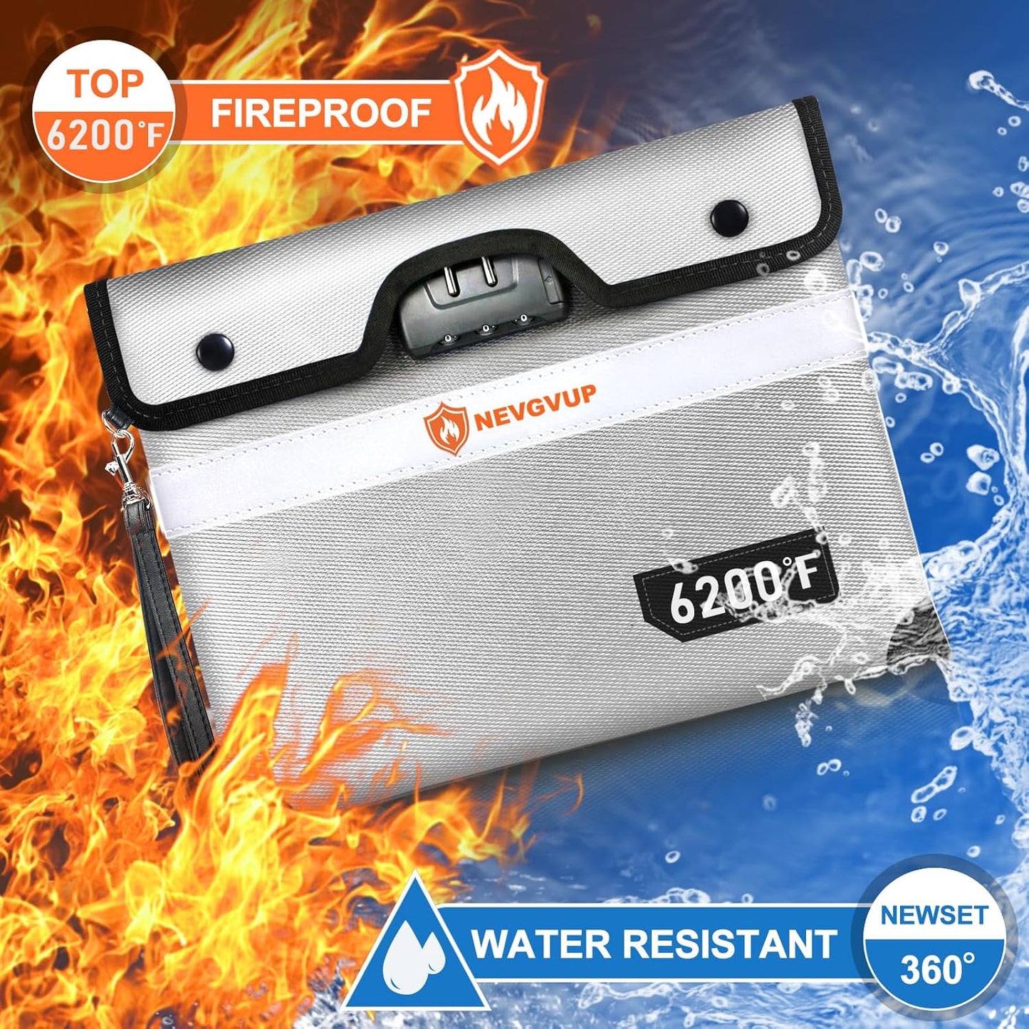 Upgraded 6200°F Fireproof Money Bag with Lock, Fireproof Bag w. Zipper/Reflective Strip, 9 Layers of Heat Insulated Material, Water Resistant Fire Proof Money Bag for Cash, Fire Bag for A5 documents