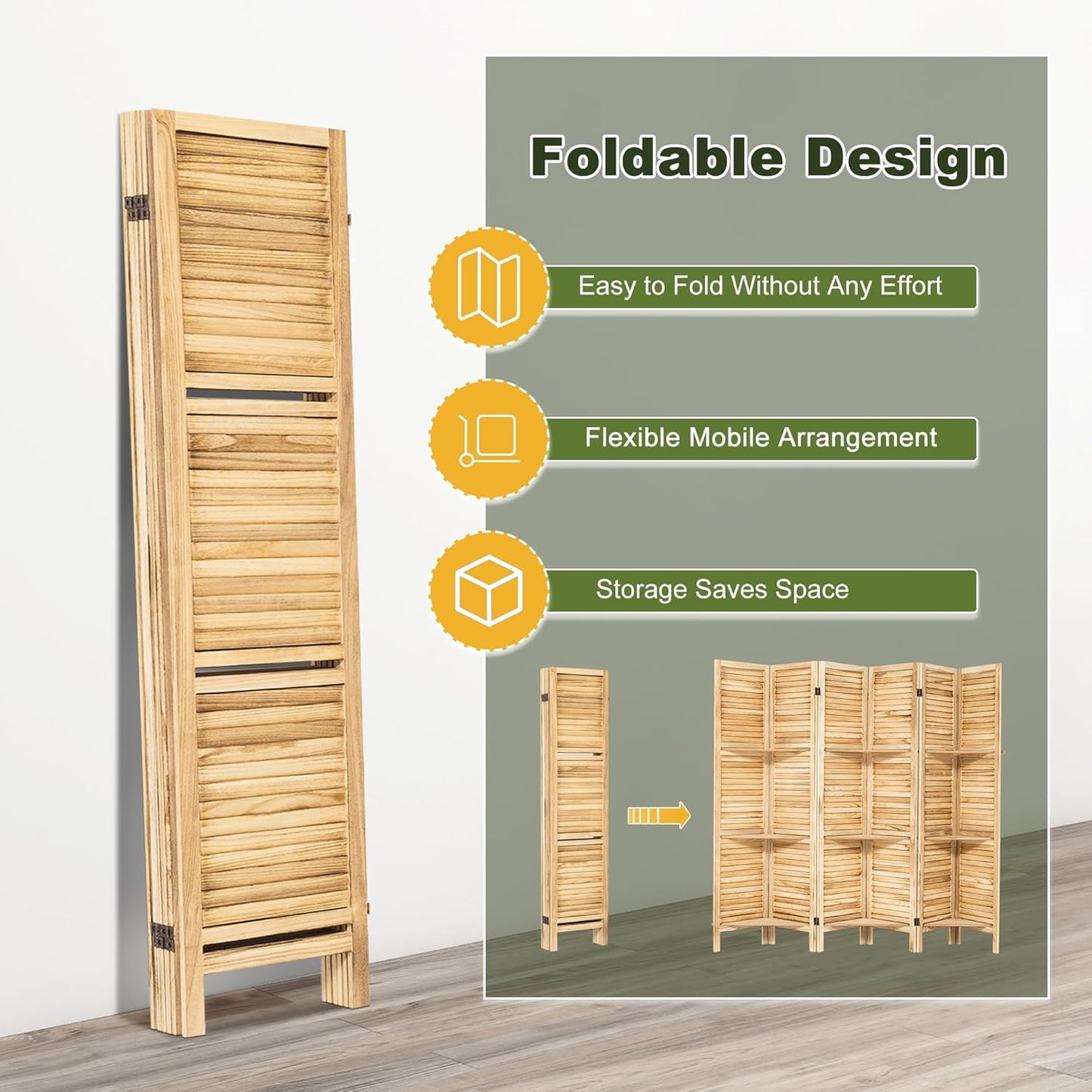 NicBex 6 Panel Room Divider 5.6FT Louvered Design Room Dividers with Display Storage Shelves Folding Privacy Screens Portable Freestanding Partition Wall Dividers for Home Bedroom Office, Natural Wood