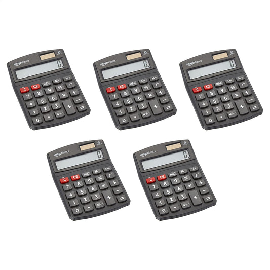 Amazon Basics LCD 8-Digit Desktop Calculator, Portable and Easy to Use, Black, 5-Pack