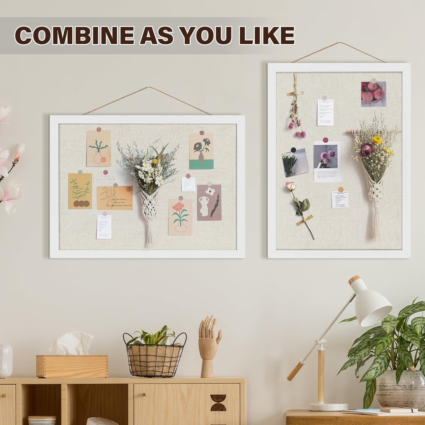 Cork Board Bulletin Board 16.7" x 11", 2-Pack Small Linen Corkboards with Frame for Walls, Cute Picture Display Pin Board Vision Board for Room School Office Bedroom 25 Pushpins Vintage White