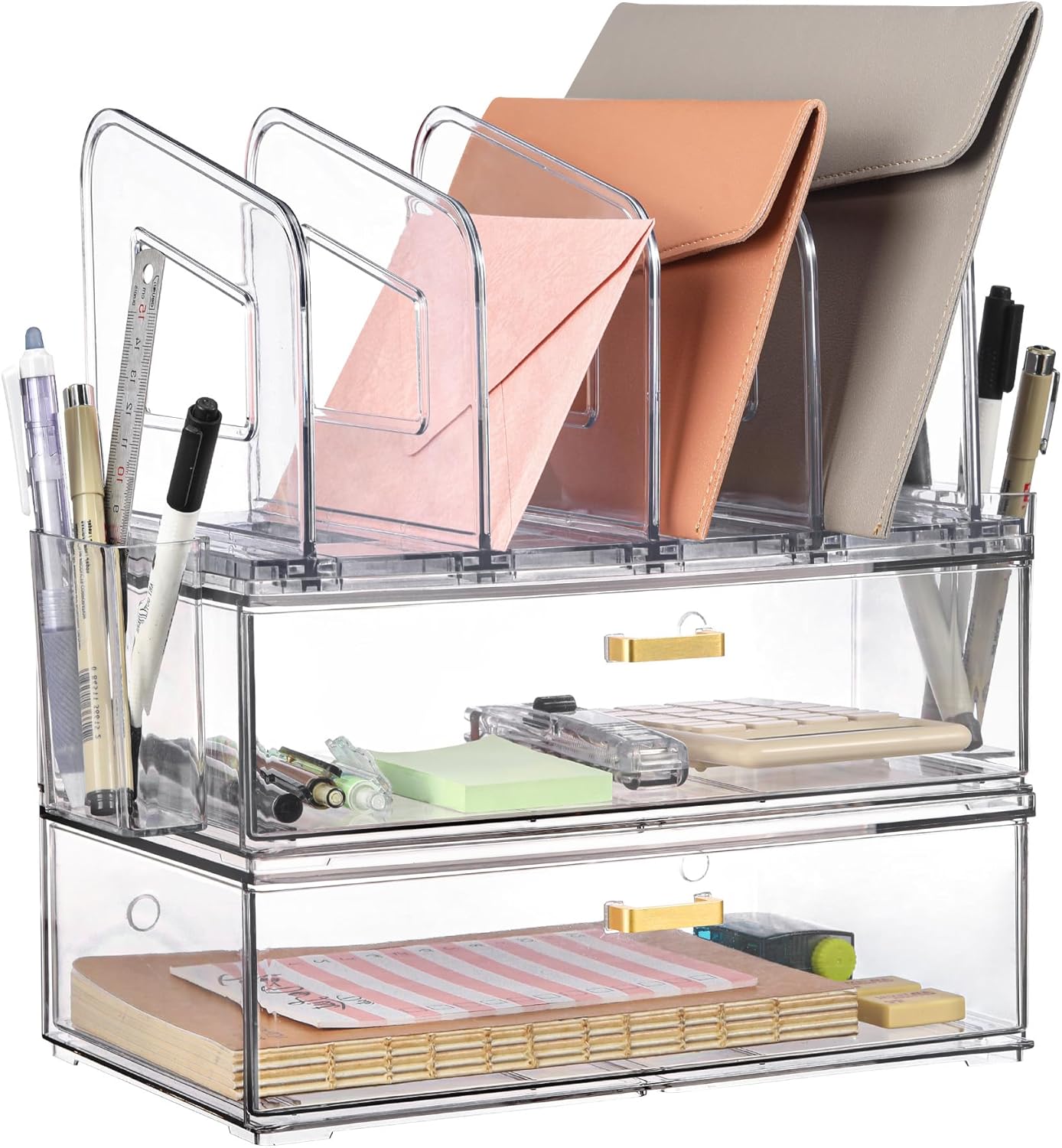 Acrylic Desk Organizer Set, 2 Pack Stackable Drawer Organizer with 4 Vertical File Sorter and 2 Pen Holders, Desktop Storage for Files, Letter, Documents, Office Supplies, Desk Accessories