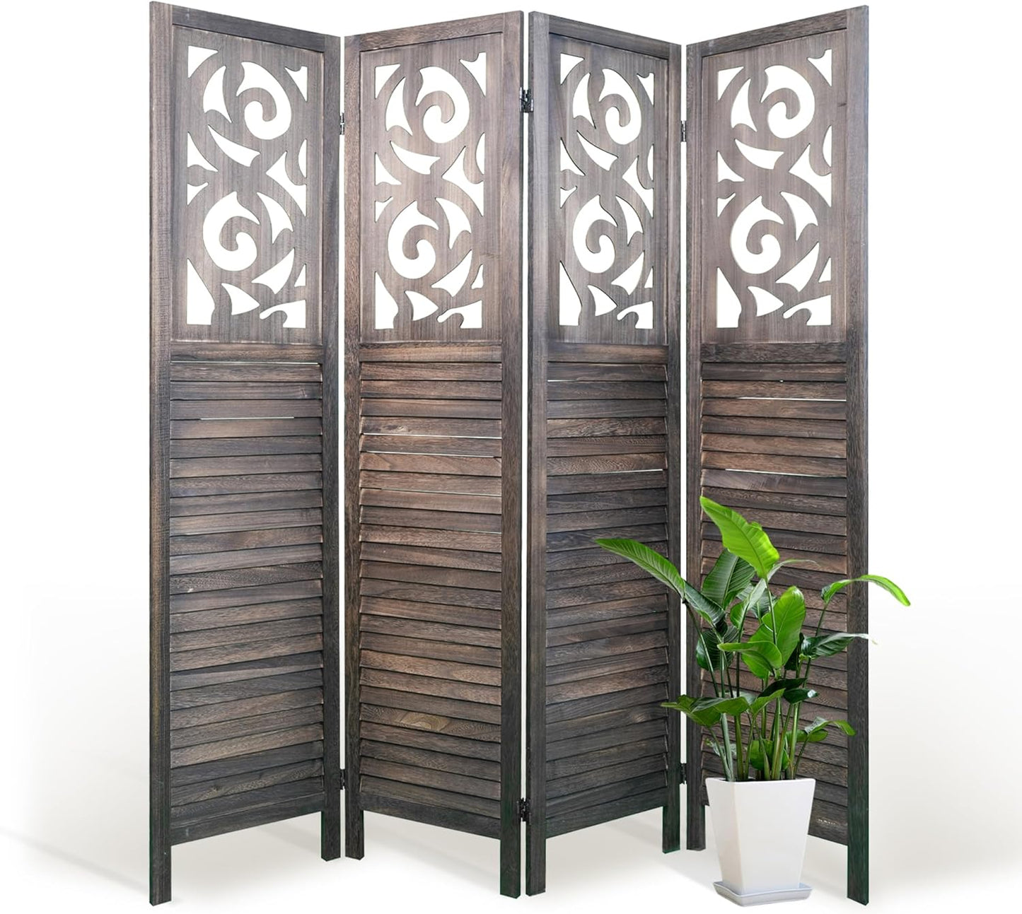 NicBex 4 Panel Room Divider 5.6FT Wood Carved Room Dividers, Folding Privacy Screens Portable Freestanding Partition Wall Dividers for Home Bedroom Office, Rustic Brown