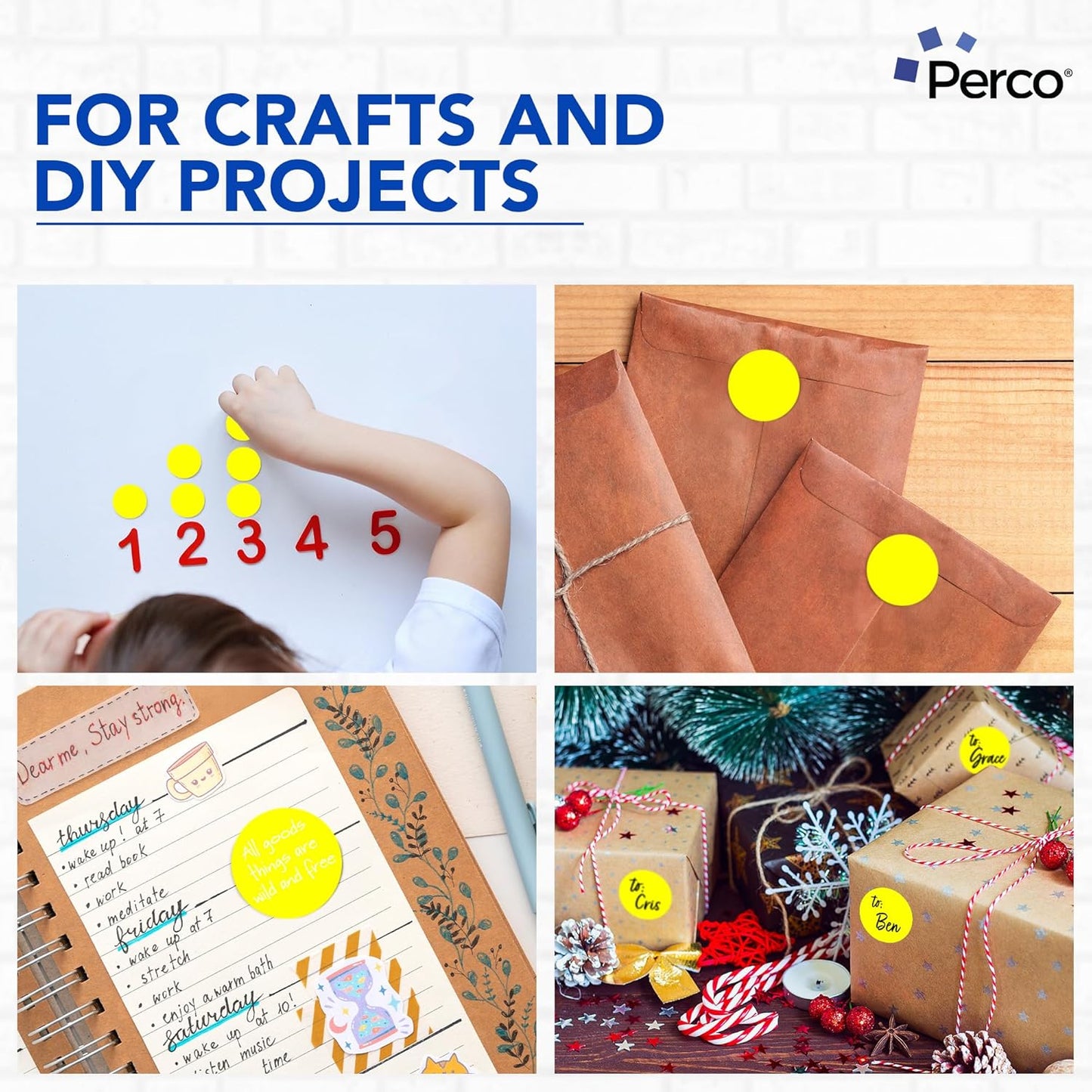 Perco Fluorescent Yellow 2-Inch Round Sticker Labels with Easy Peel Perforation - 500 Labels per Roll - Strong Adhesion, Vibrant Colors for Organizing, Crafting & More - Made in USA