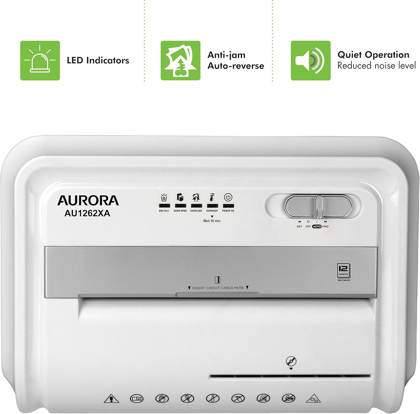 Aurora AU1262XA Anti-Jam 12-Sheet Crosscut Paper and CD/Credit Card Shredder, White/Gray