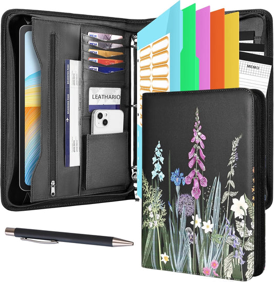 Leathario Portfolio Binder, Includes 5 Folder Index Dividers and 3 Notepads, 3-Ring Folder Organizer, Padfolio with Zipper, Vegan Leather Tablet Sleeve, Business Office Conference Clipboards