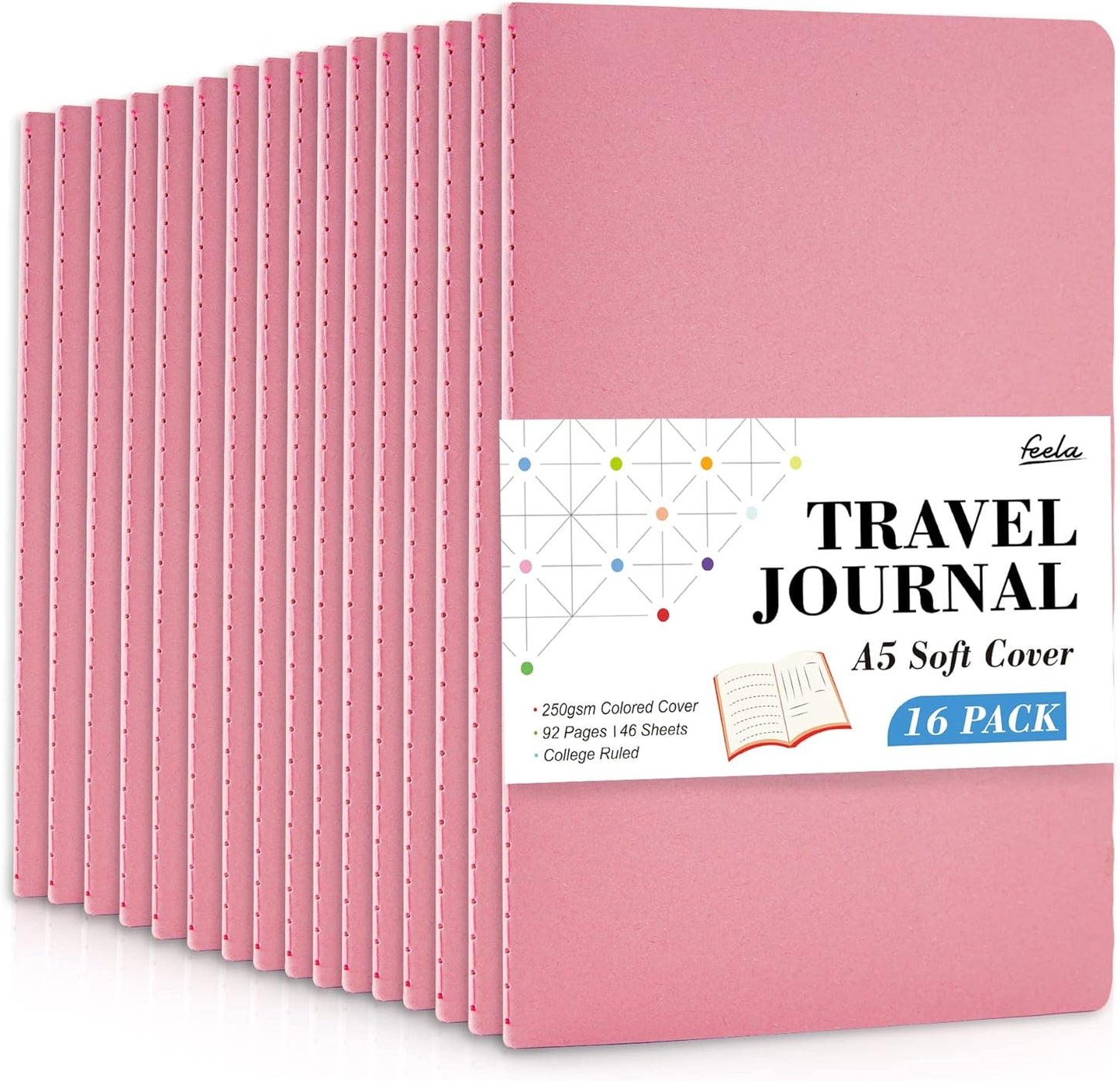 feela 16 Pack Soft Cover Journal Bulk, Lined Notebooks College Ruled for Work for Women Girl Writing, Blank Travel Journal Note Taking Notebook School Business Supplies, 8.2” x 5.5”, A5, Pink