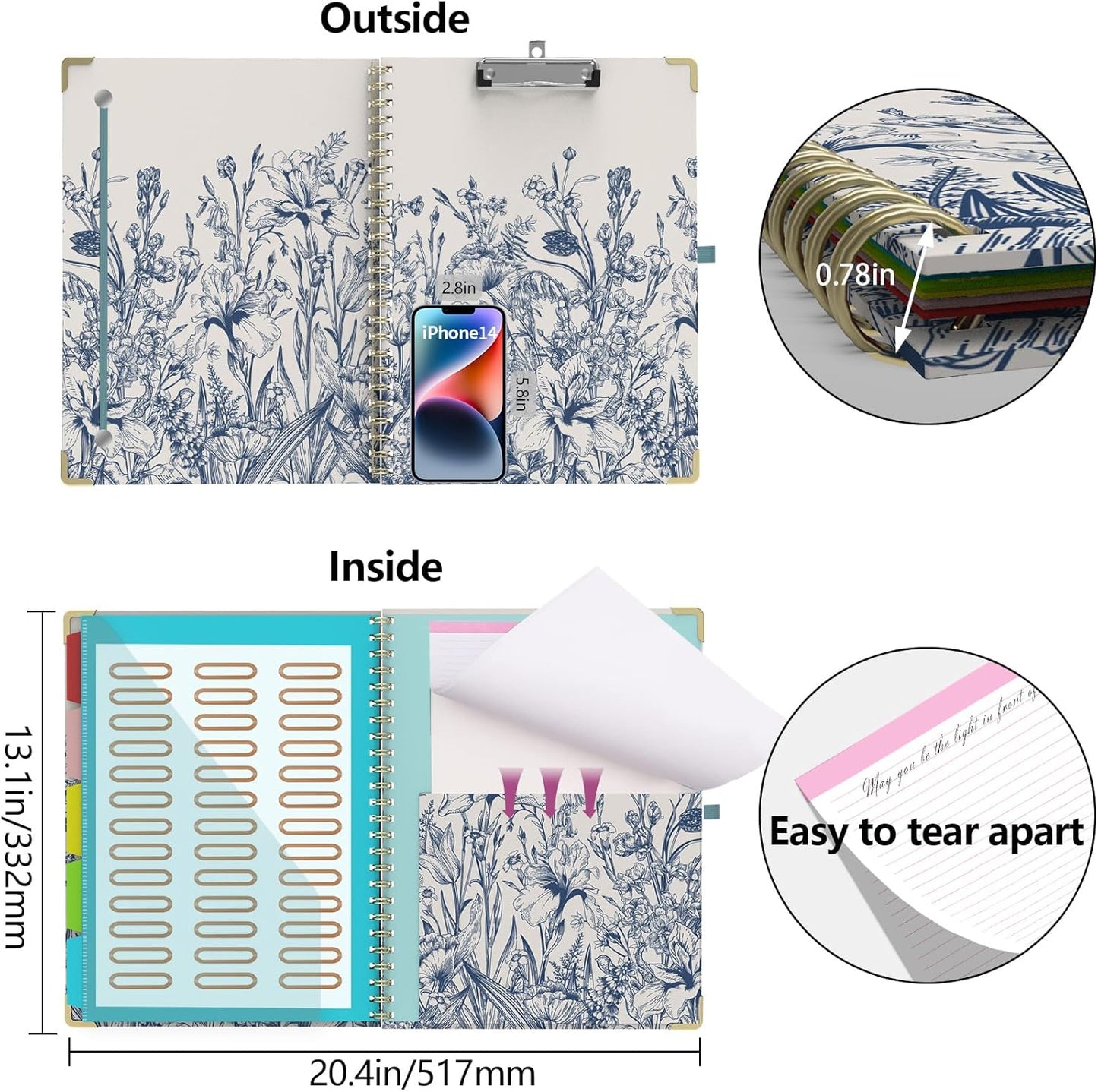 Foldable Clipboard Folio with Storage, 5 Plastic Folders with 10 Pockets,Refillable Lined Notepad (11" x 8.5"), Hardcover Project Organizer Nursing Teacher School Essentials(Blue Florals)