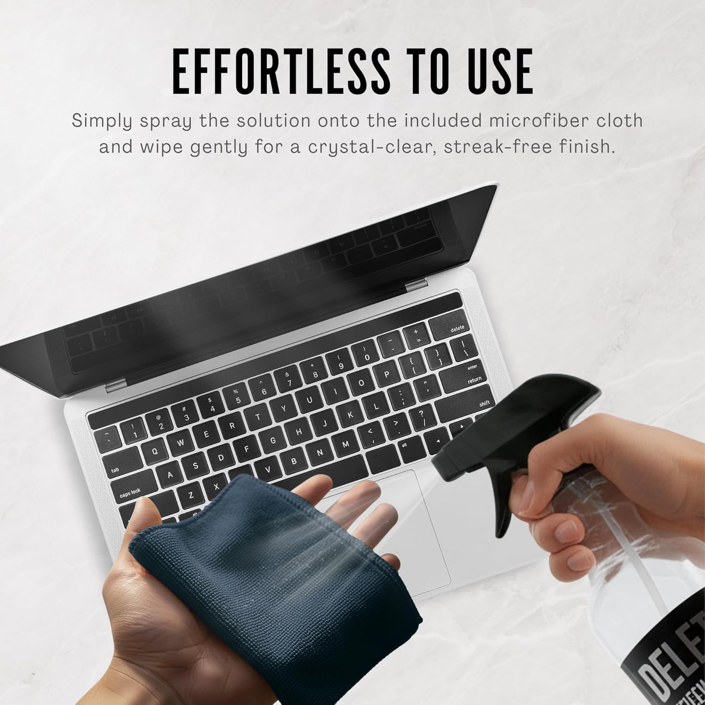 Delete Screen Cleaner Spray Kit, 16oz Bottle and 12"x12" Microfiber Cleaning Cloth, Streak-Free, Safe and Gentle Formula, Multi-Purpose for Devices, Large TVs, Computers, Monitors, Smart Phones