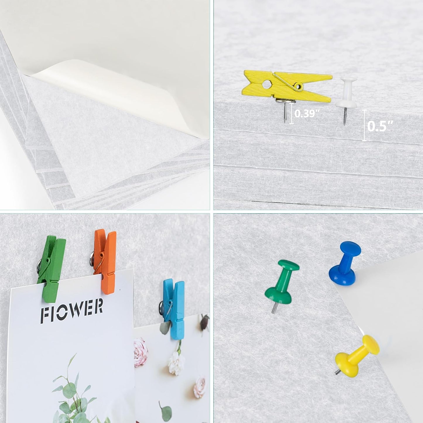 AKTOP White Cork Bulletin Board 12x12, 1/2" Thick Felt Cork Board Tiles 12 Pack, Small Square Pin Board for Wall, Self Adhesive Corkboards with 120 Push Pin Wood Clips for School, Home & Office