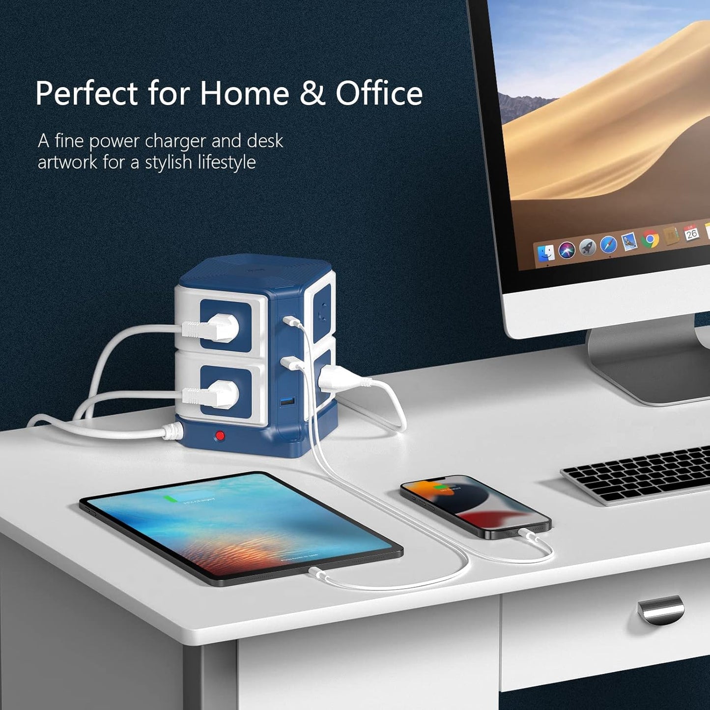 Power Strip Tower with PD20W USB C, BESTEK 8-Outlet and USB Charging Ports 2100 Joules Surge Protector, 5 Feet Extension Cord Flat Plug, ETL Listed