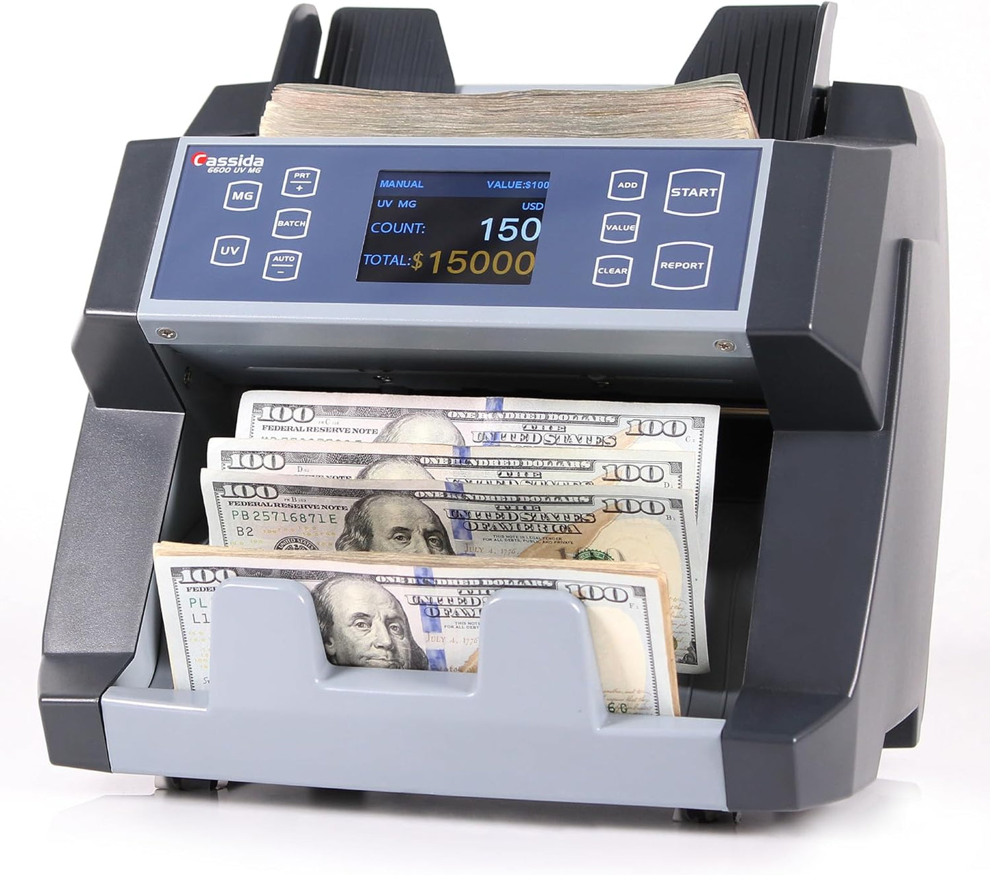 Cassida 6600 UV/MG – USA Business Grade Money Counter with UV/MG/IR Counterfeit Detection – Top Loading Bill Counting Machine w/ValuCount™, Add and Batch Modes – Fast Counting Speed 1,400 Notes/Min