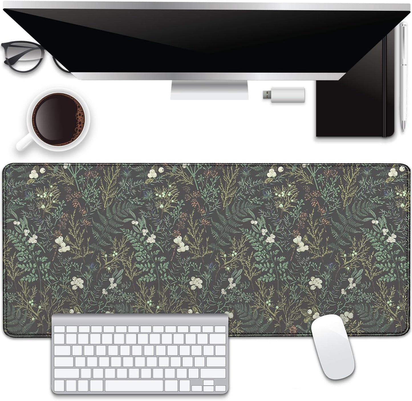 Dark Green Plant Desk Pad Mouse Pad,Vintage Green Fern Leaves Mouse Mat with Stitched Edges,Non-Slip Rubber Base Mousepad for Office PC Keyboard Laptop and Home Work Desk Mat(27.5X11.8 in)
