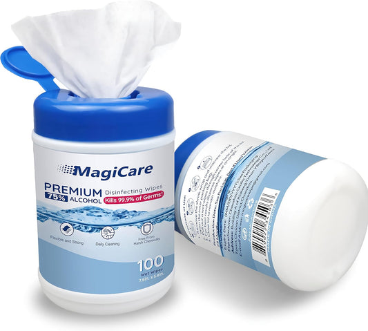 MagiCare 75% Large Alcohol Wipes (2 Canisters) - Hand Sanitizing Wipes - Hand Sanitizer Wipe, Unscented, Premium - Home, Classroom, Camping - 2, 100ct Canisters (200pcs)