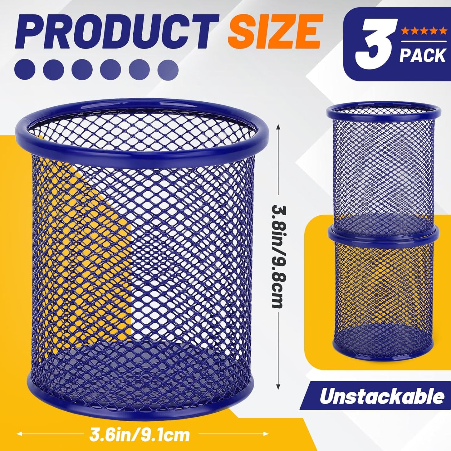 Segarty Pen Cup, 3 Pack Round Cute Dark Blue Pen Holder for Desk, Wire Mesh Pencil Holder Container Set, Desktop Organizer for Office Supplies, Maker, School, Home Storage, Makeup Brush