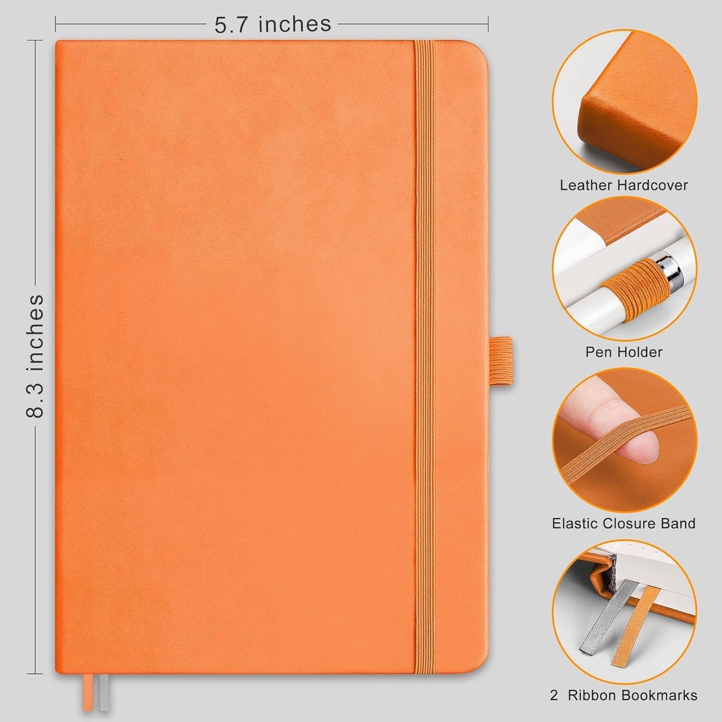 RETTACY Lined Journal Notebook, 192 Numbered Pages, A5 Medium Size (5.7'' x 8.3''), for Men & Women, Journaling, Writing, Work & Office, Leather Hardcover, 100 GSM Thick Paper (Orange)
