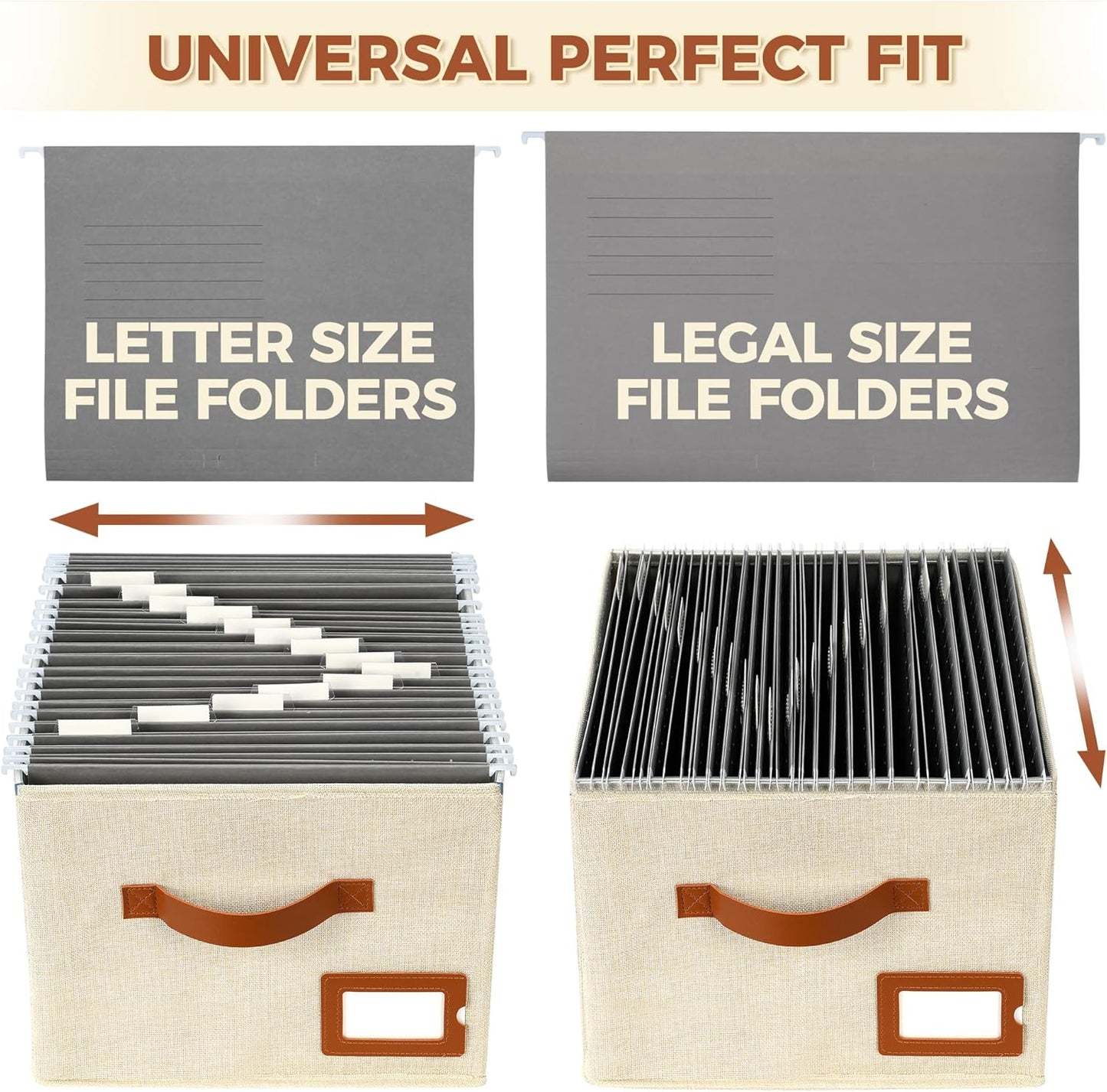 Storage Standard 2-Pack File Organizer Box with Lid - Collapsible Hanging Linen Document Organizer Portable File Boxes, Lightweight & Portable Filing Box Crates with Handles & Extras, Ivory