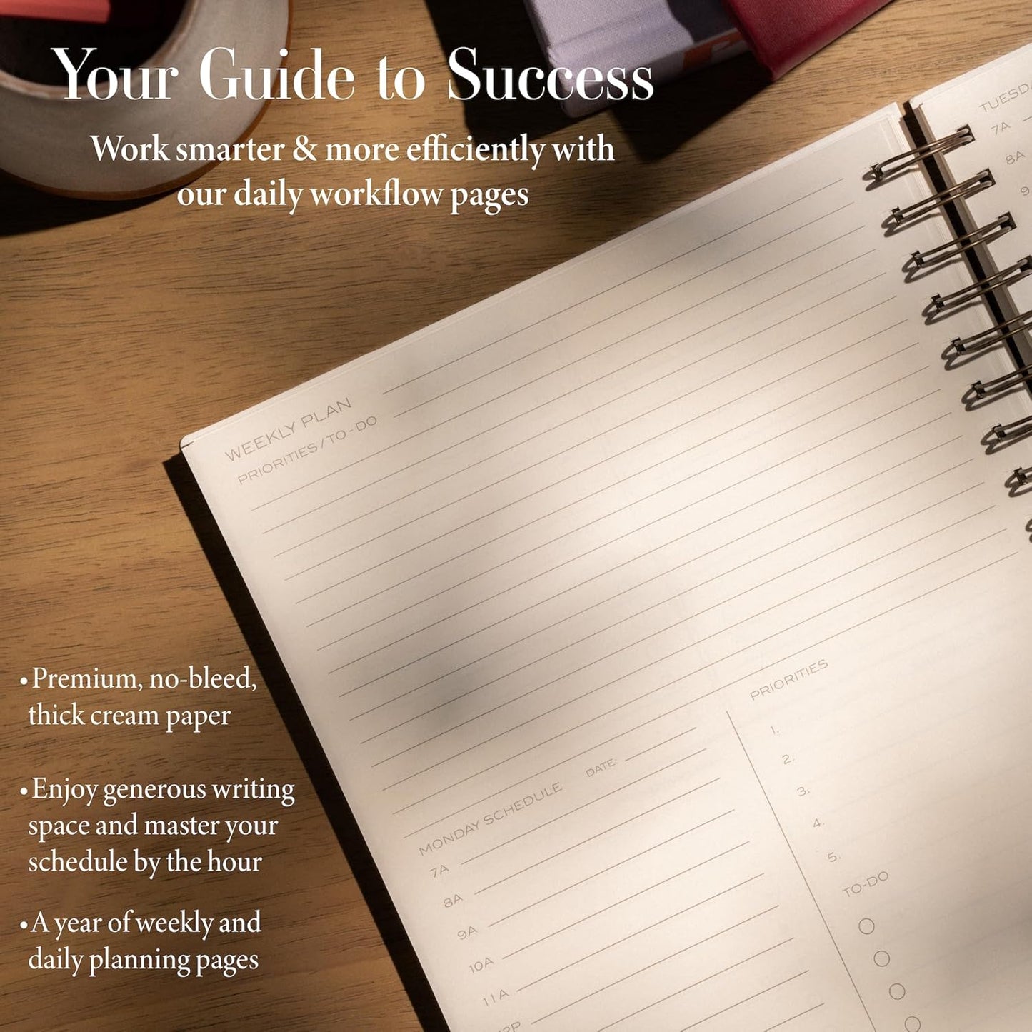 Anecdote 2025 Planner (8.5" x 10") Daily Planner Weekly Monthly Planner - 52 Weeks w/Library Buckram Cover, Brass Spiral - A4 Size Bleed-Resistant Paper – Red