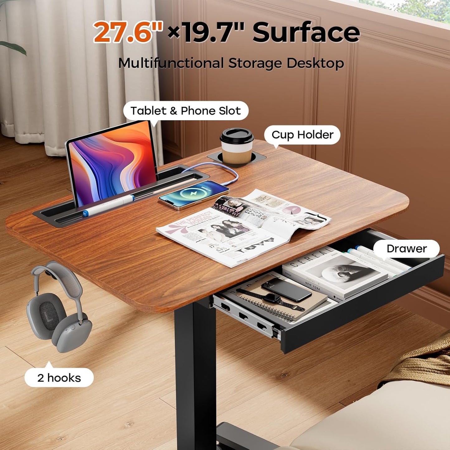 Mobile Standing Desk with Drawer, 28" Rolling Desk with Cup Holder and Hooks, Portable Laptop Workstation on Wheels, Height Adjustable Cart with Storage for Home Office, Dark Wood