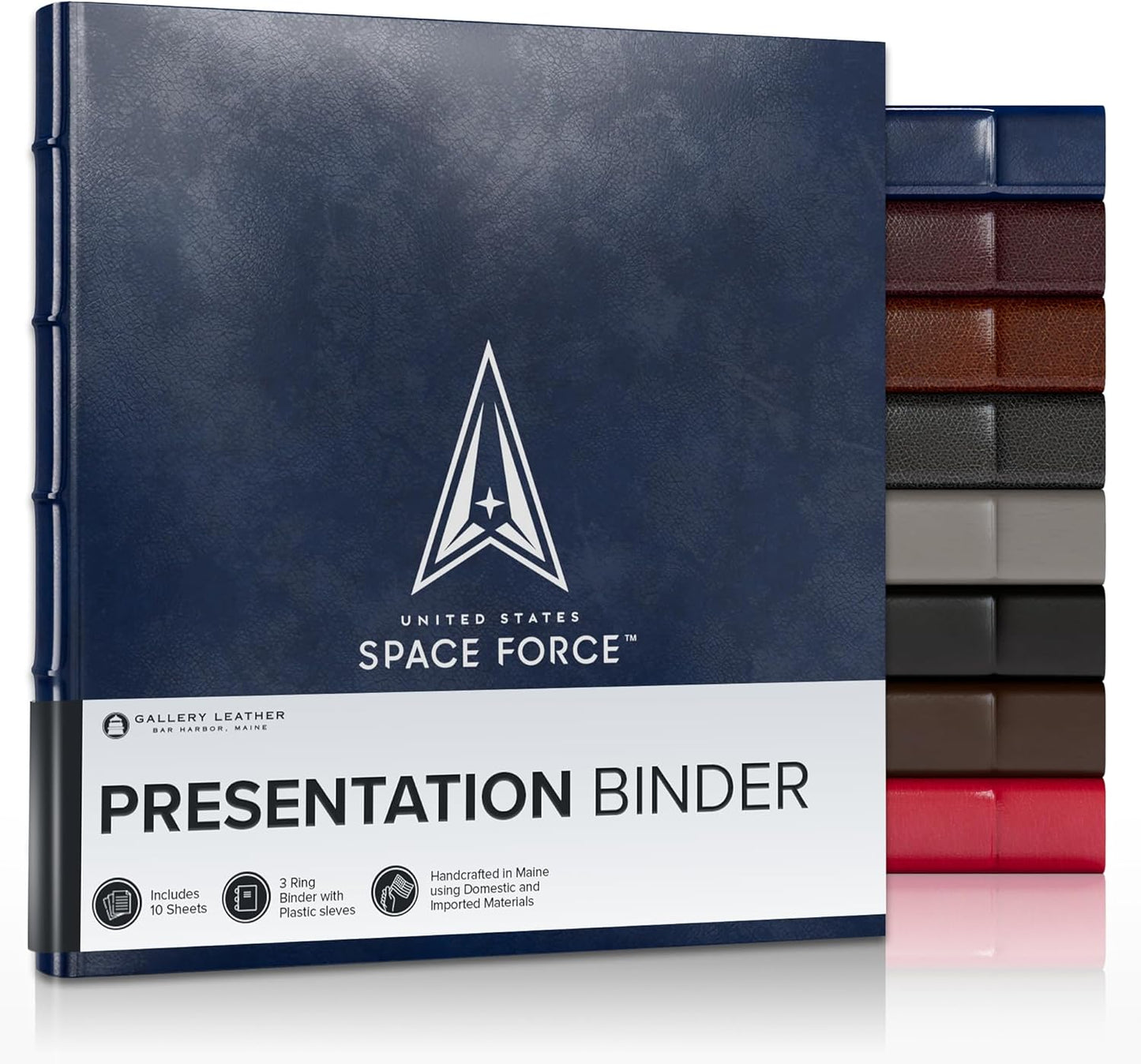 Gallery Leather 3 Ring Binder with Plastic Sleeves, Includes 10 Sheets, Sheet Size: 8.5" x 11" - Presentation Binder Rings with Hubbed Spine, Thick: 1.25" Acadia Navy - US Space Force