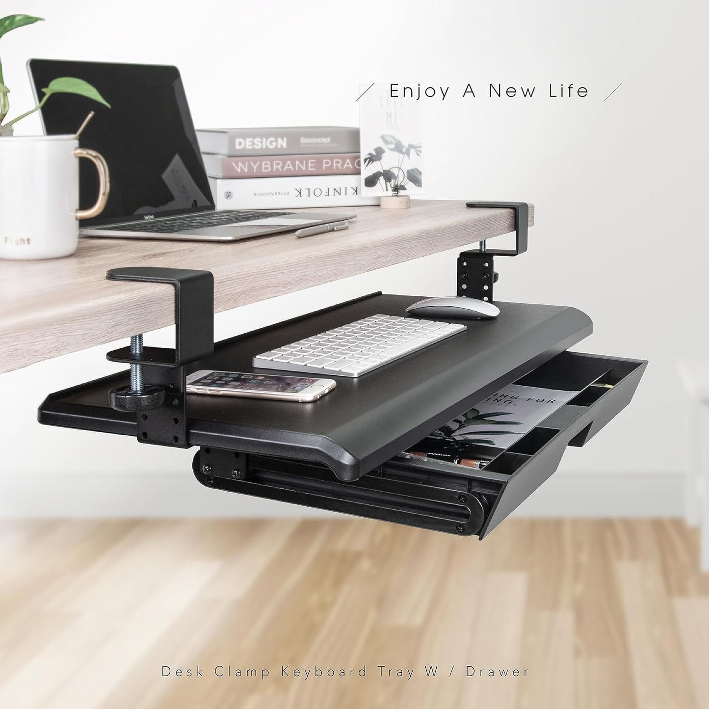 EHO Keyboard Tray with Drawer - Clamp On Under Desk Pull Out Extender Table Attachment Platform with Storage Organizer, Large 27.5" (31.8" Including Clamps) x 12.2", Height Adjustable for Home Office