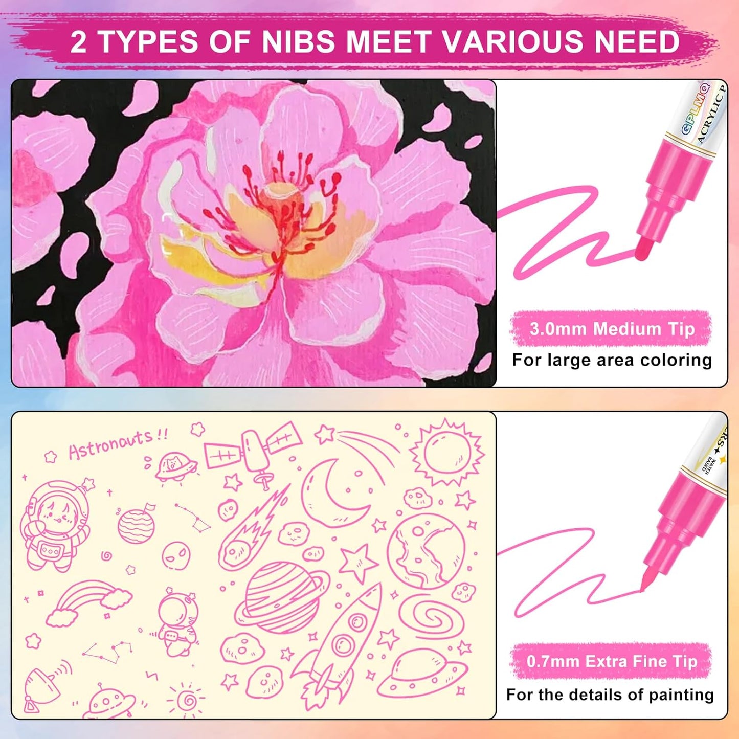 Paint Markers Paint Pens - 2 Pack Dual Tip Acrylic Permanent Marker (0.7mm & 3mm), Non-Toxic, Water-Based for Art Painting, Stone, Ceramic, Glass, Wood, Fabric, Metal, DIY Crafts (Pink)