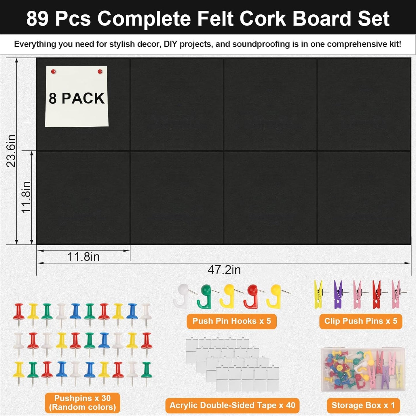 8 Pack 24"x48" Cork Boards for Walls, 89 Pcs Felt Cork Board Bulletin Board Kit with 40 Double-Sided Tapes, 30 Pushpins, 5 Clip Push Pins & 5 Push Pin Hooks, Wall Tile Vision Board for Office Home