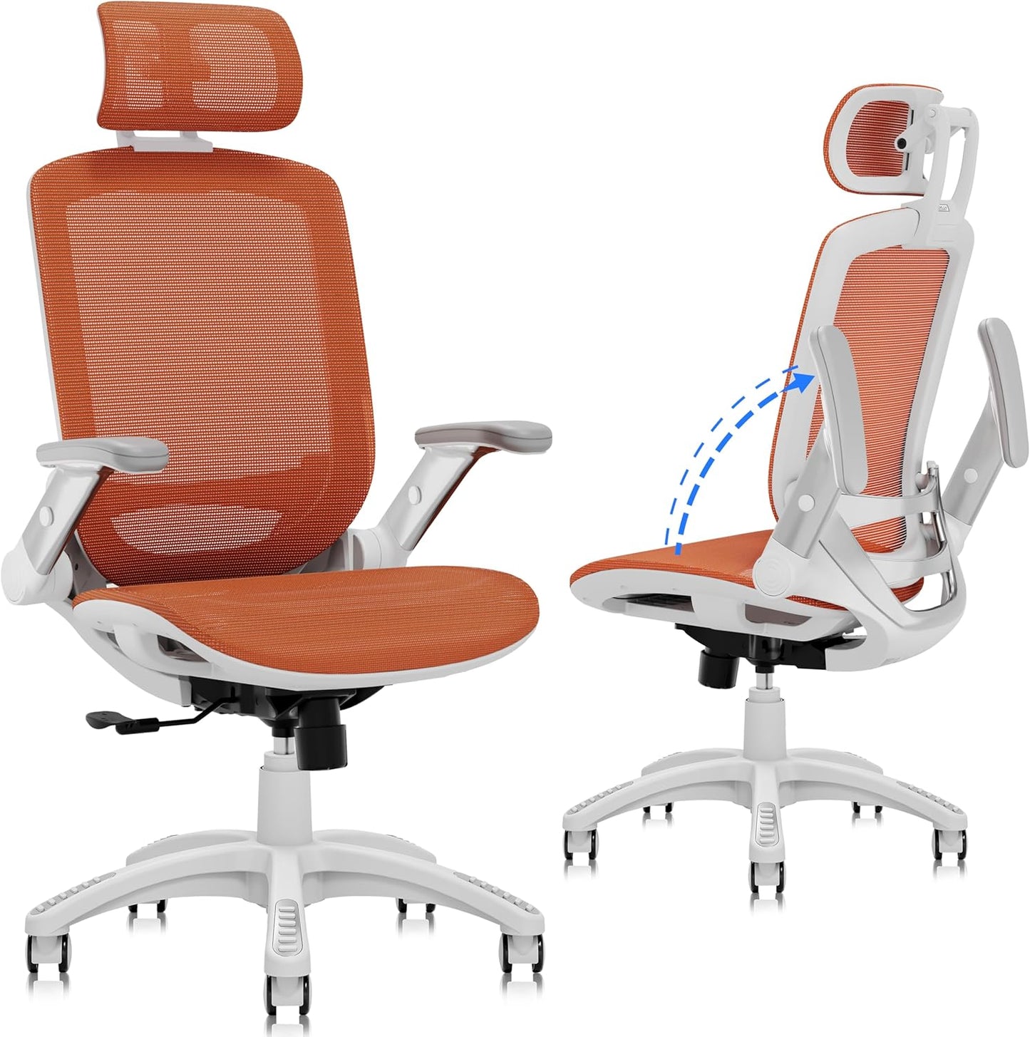GABRYLLY Ergonomic Office Chair, High Back Home Desk Chair with Headrest, Flip-Up Arms, 90-120° Tilt Lock and Wide Cushion, 400LBS Mesh Chairs for Man Woman, White Task Chair(Orange,GY01WOR)