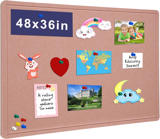 Large Bulletin Board - 48 X 36 inches Decorative Felt Pin Board - 4' x 3' Cork Board Alternative for Wall - Foldable Photo Board Self-Adhesive Vision Board Prayer Board with 30 Pushpins - Pink